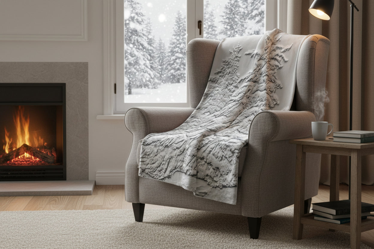 Soft Fleece Throw Blanket Framed textured artwork of snow laden pine trees