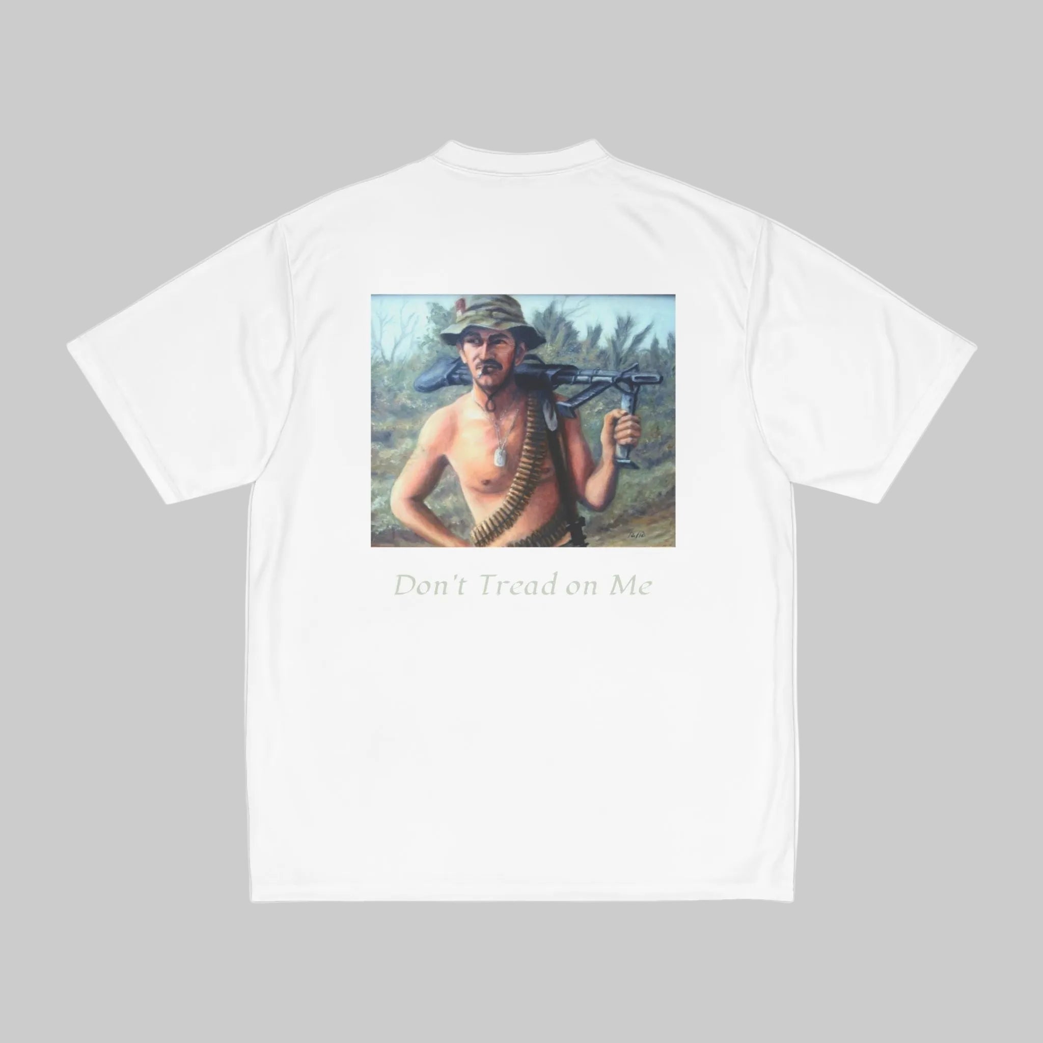 White t-shirt with a graphic of a man holding a rifle and 'Don't Tread on Me' text on a white background