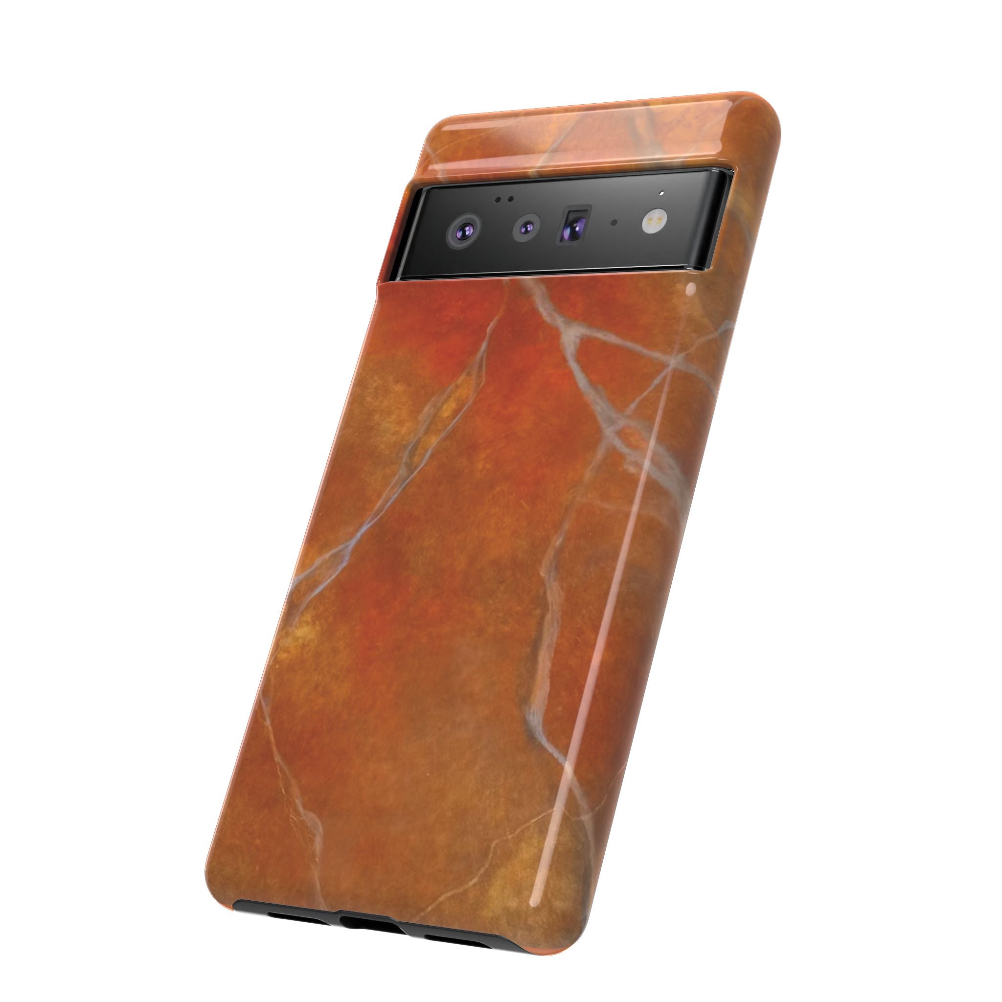 Phone case in sophisticated red orange marble design that is impact resistant tough in glossy or matte finish