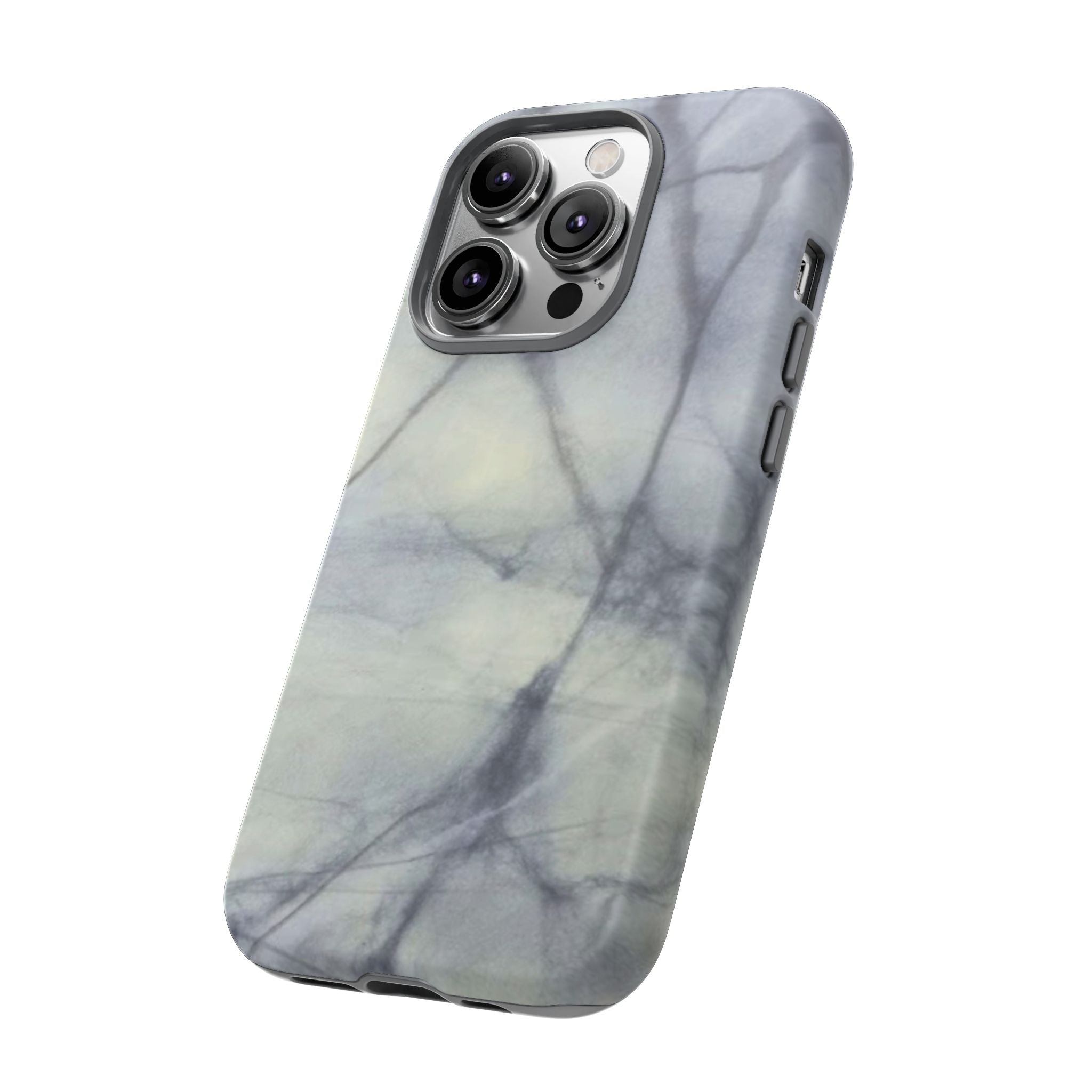 Phone case in impressive grey marble design with shock absorbing dual layer shell and UV resistance in 3D wrap