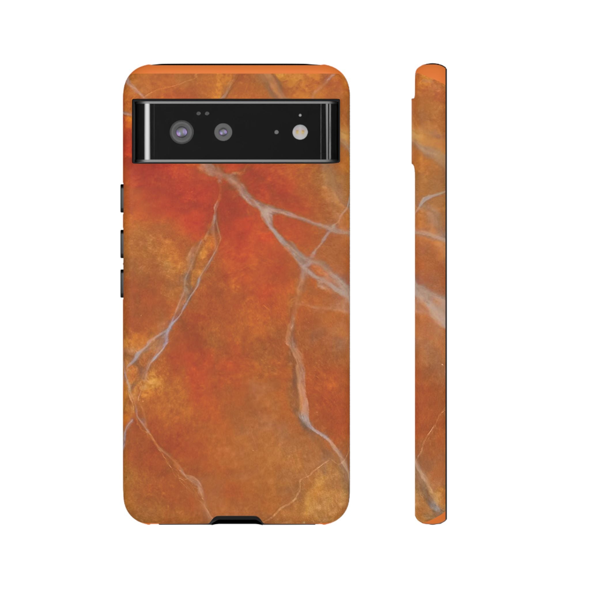 Phone case in sophisticated red orange marble design that is impact resistant tough in glossy or matte finish