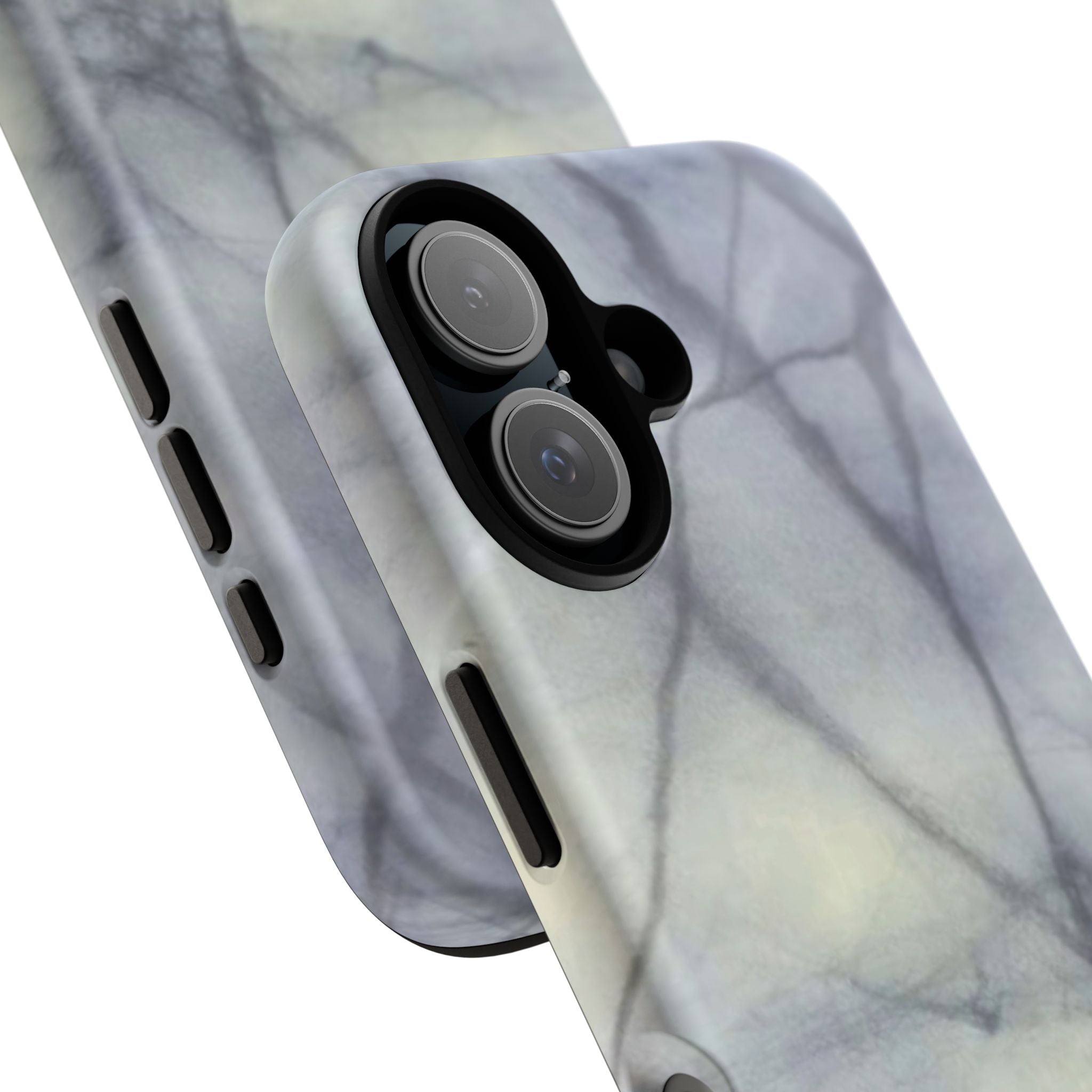 Phone case in impressive grey marble design with shock absorbing dual layer shell and UV resistance in 3D wrap