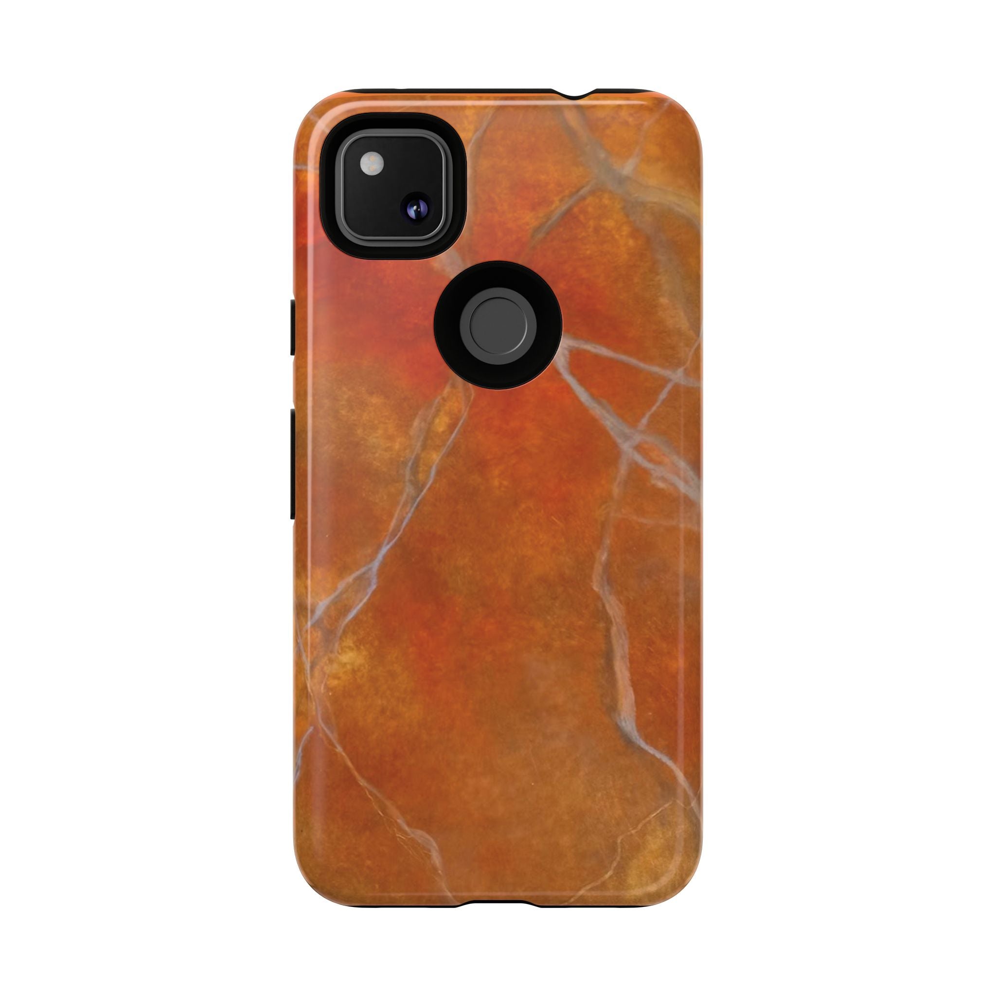 Phone case in sophisticated red orange marble design that is impact resistant tough in glossy or matte finish
