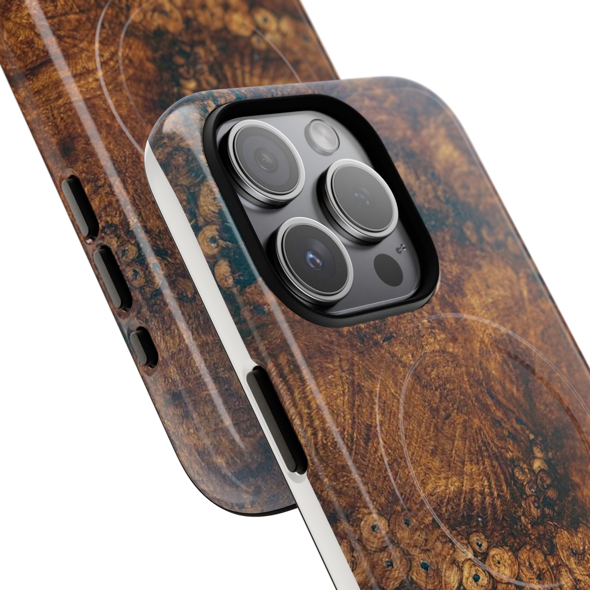 Magnetic iphone case with a natural Burl Wood Design compatible with MagSafe accessories in tough Dual Layer Shell