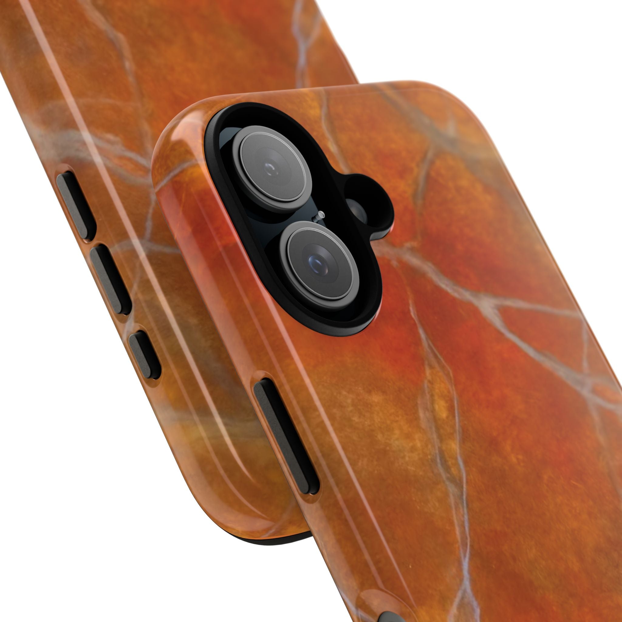 Phone case in sophisticated red orange marble design that is impact resistant tough in glossy or matte finish