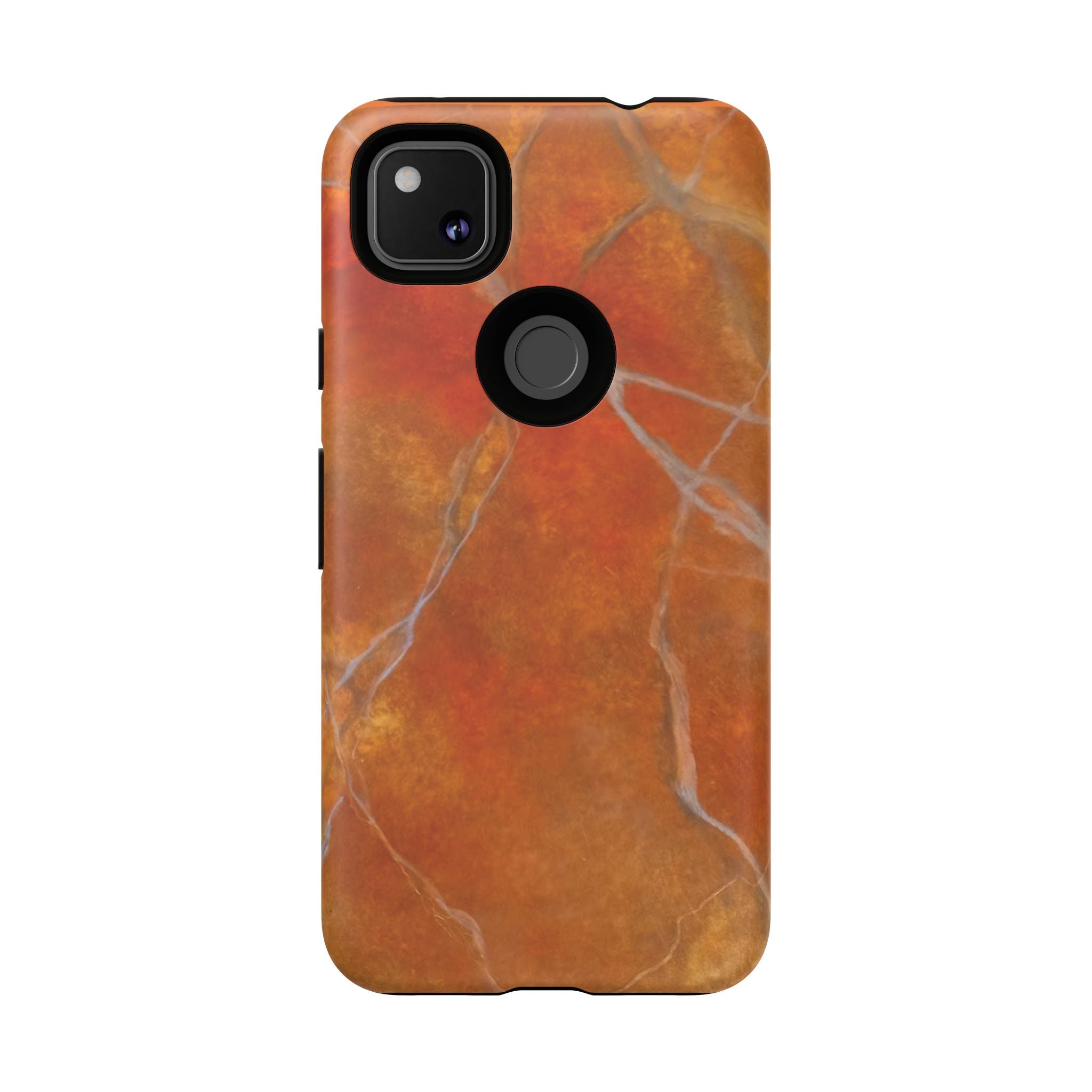 Phone case in sophisticated red orange marble design that is impact resistant tough in glossy or matte finish