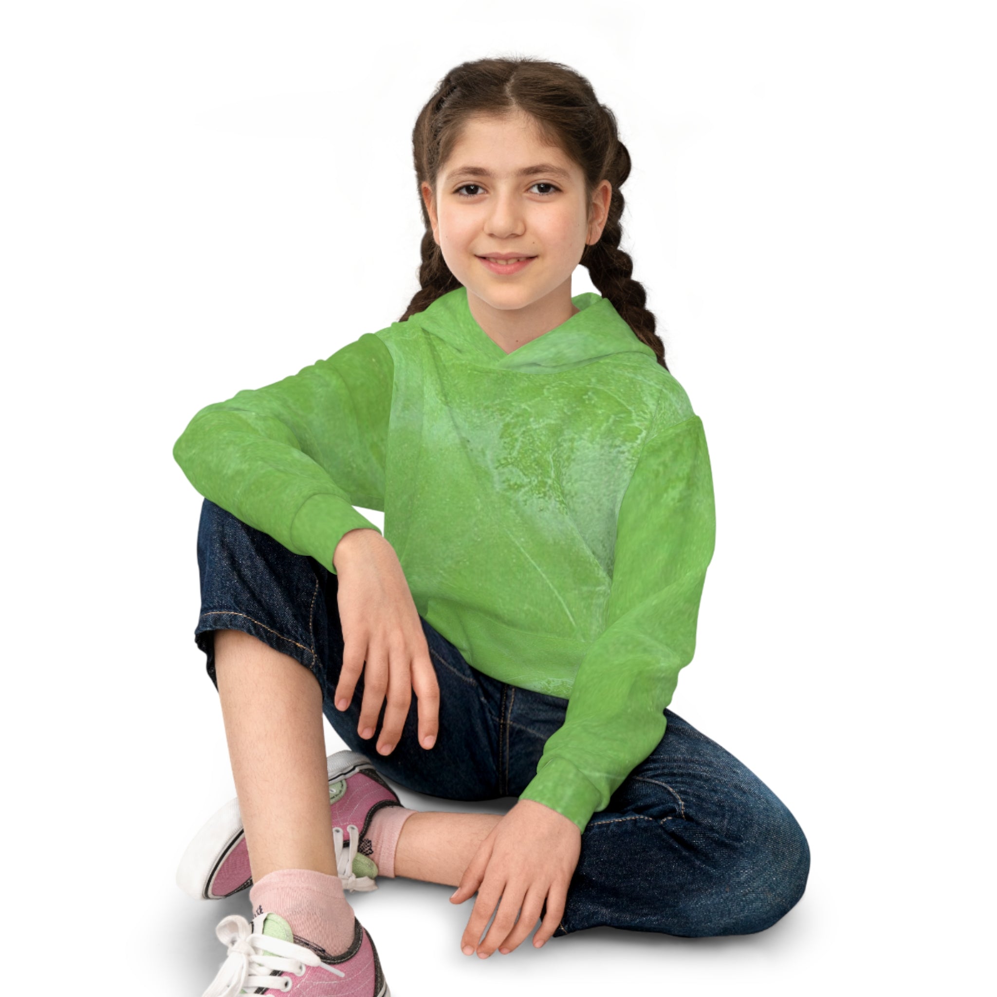 Kids Abstract Green Hoodie — Soft All-Over Print Pullover for Boys & Girls