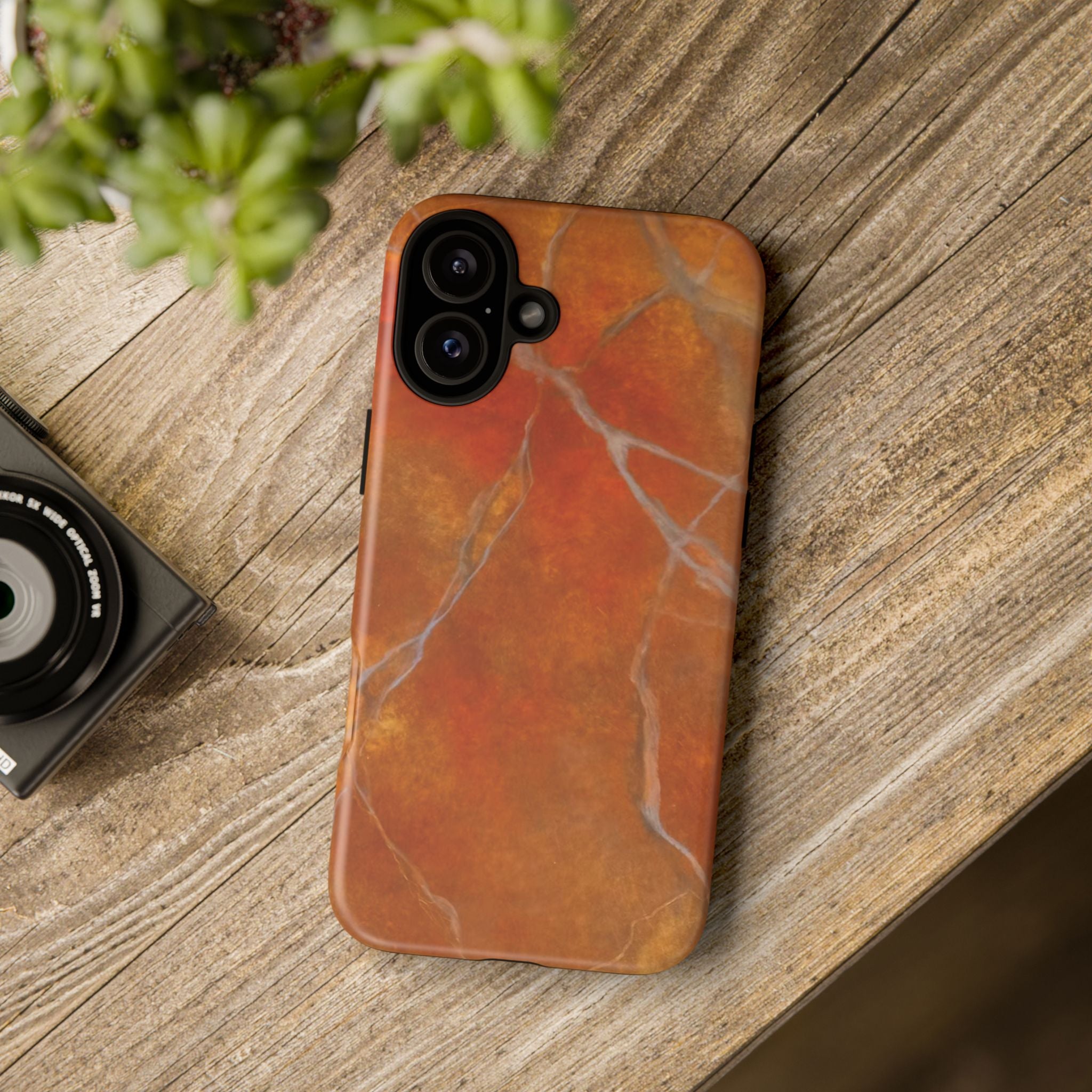 Phone case in sophisticated red orange marble design that is impact resistant tough in glossy or matte finish