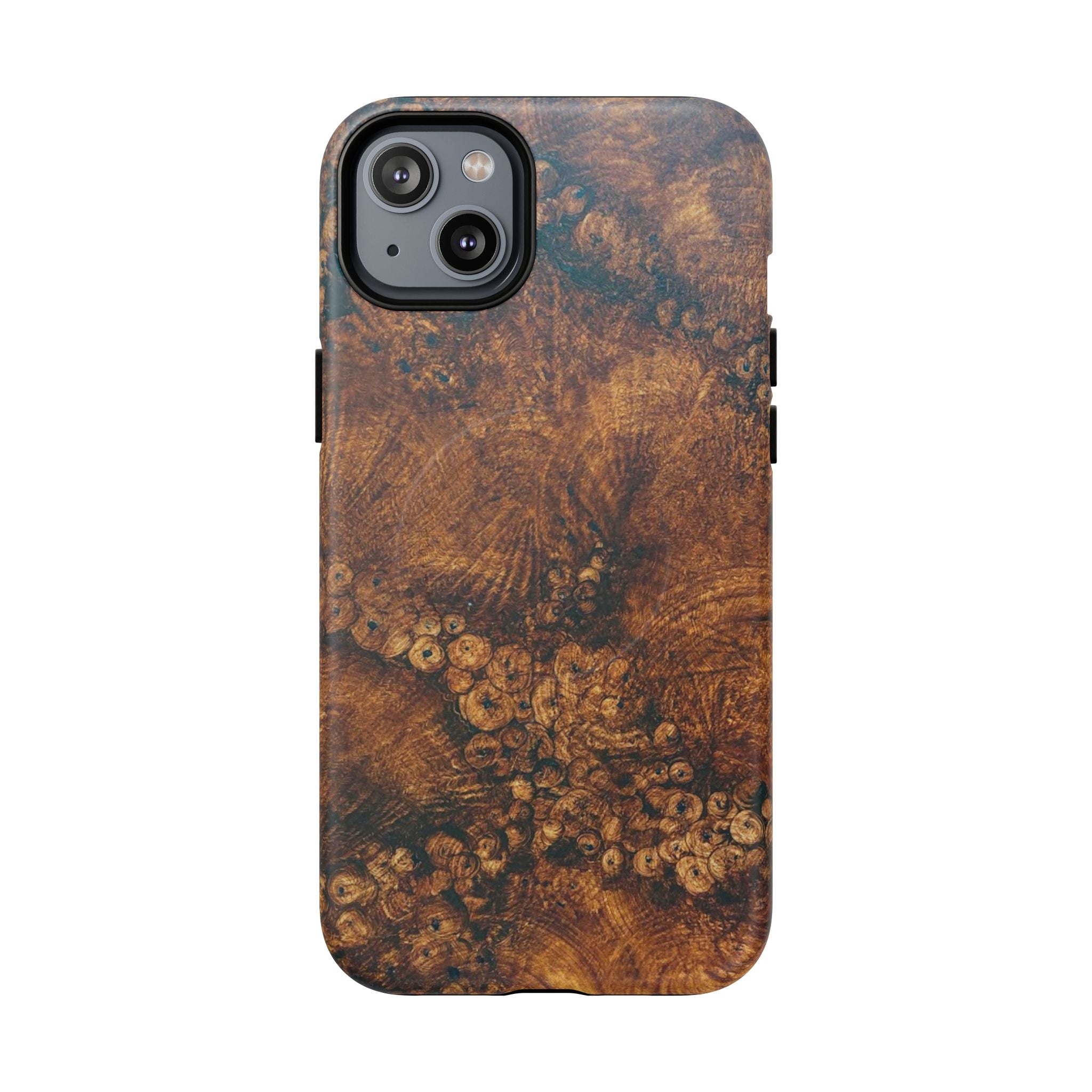 Magnetic iphone case with a natural Burl Wood Design compatible with MagSafe accessories in tough Dual Layer Shell