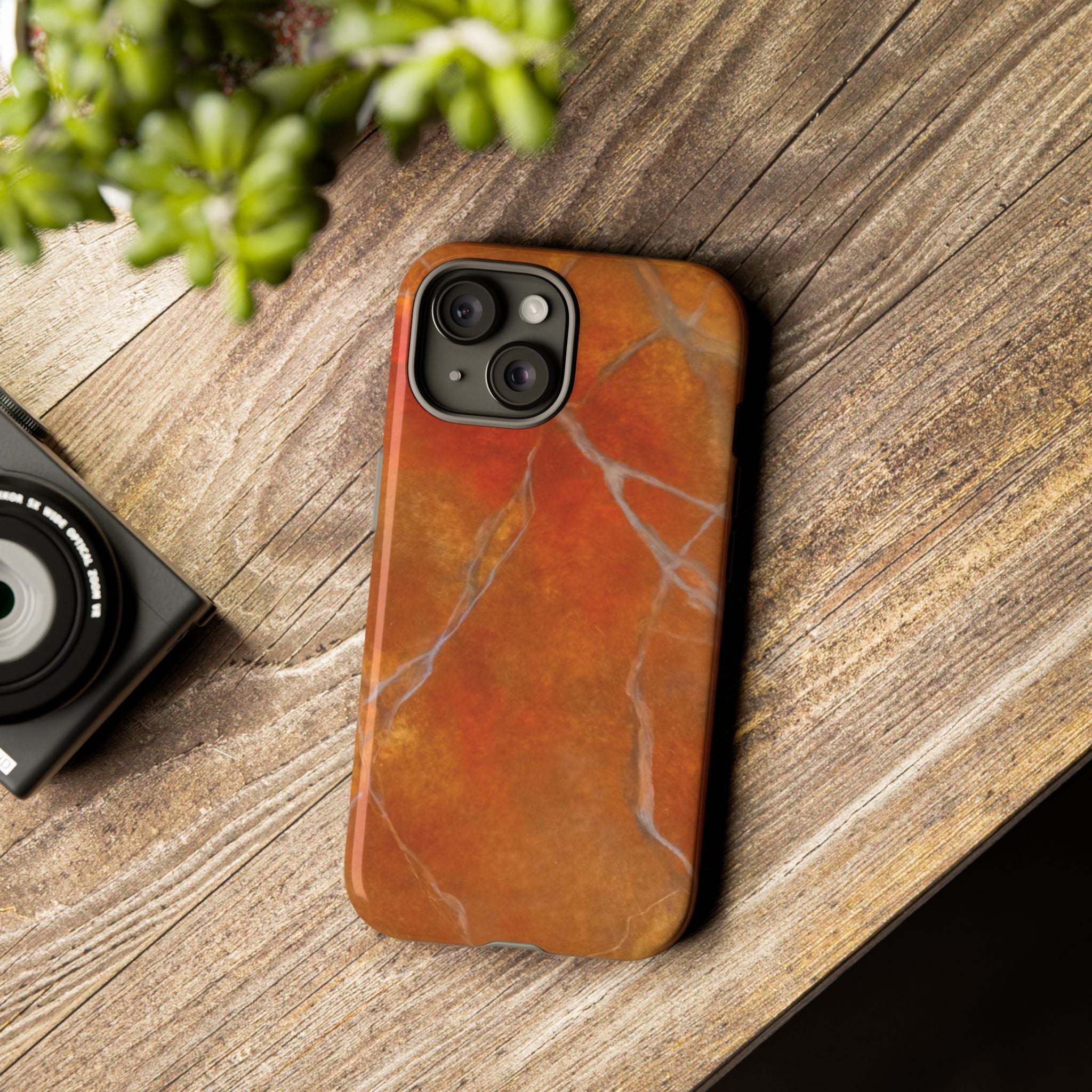 Phone case in sophisticated red orange marble design that is impact resistant tough in glossy or matte finish