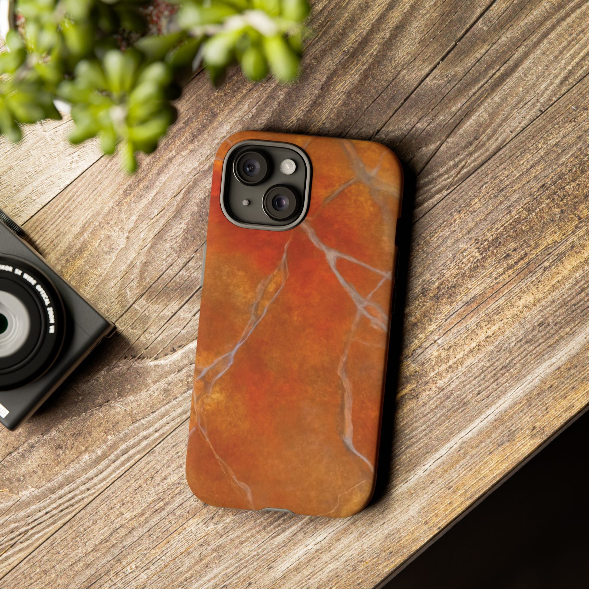 Phone case in sophisticated red orange marble design that is impact resistant tough in glossy or matte finish