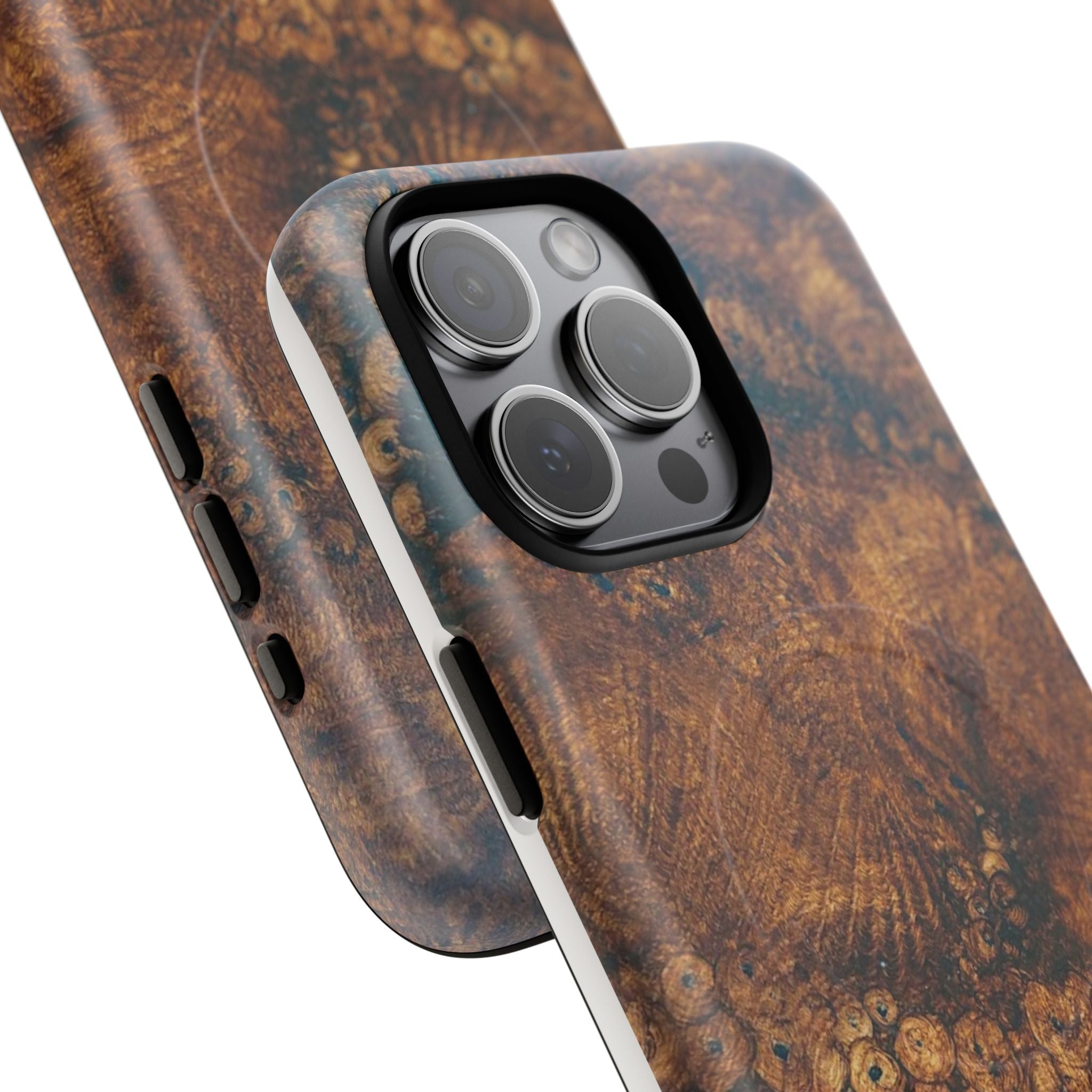 Magnetic iphone case with a natural Burl Wood Design compatible with MagSafe accessories in tough Dual Layer Shell