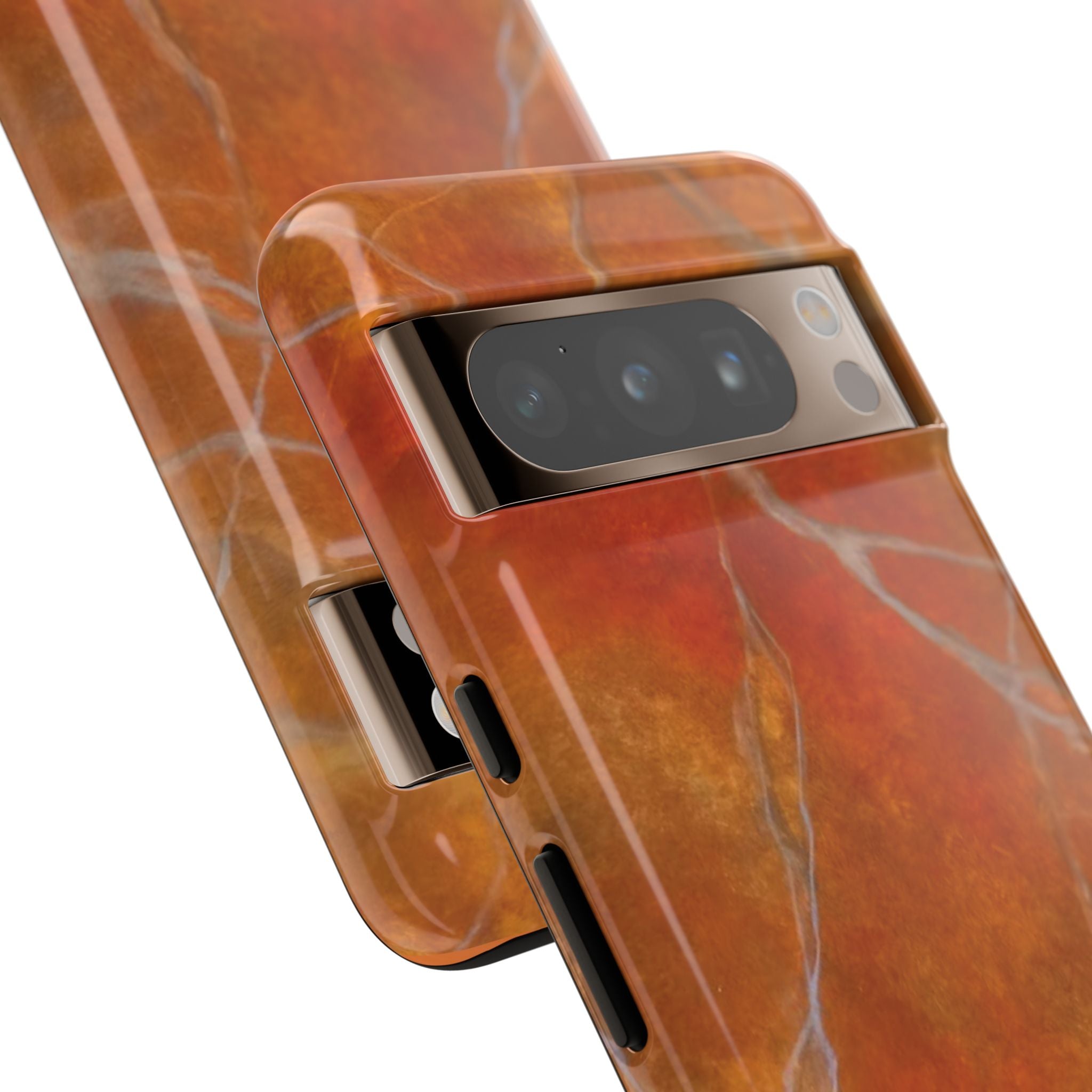 Phone case in sophisticated red orange marble design that is impact resistant tough in glossy or matte finish