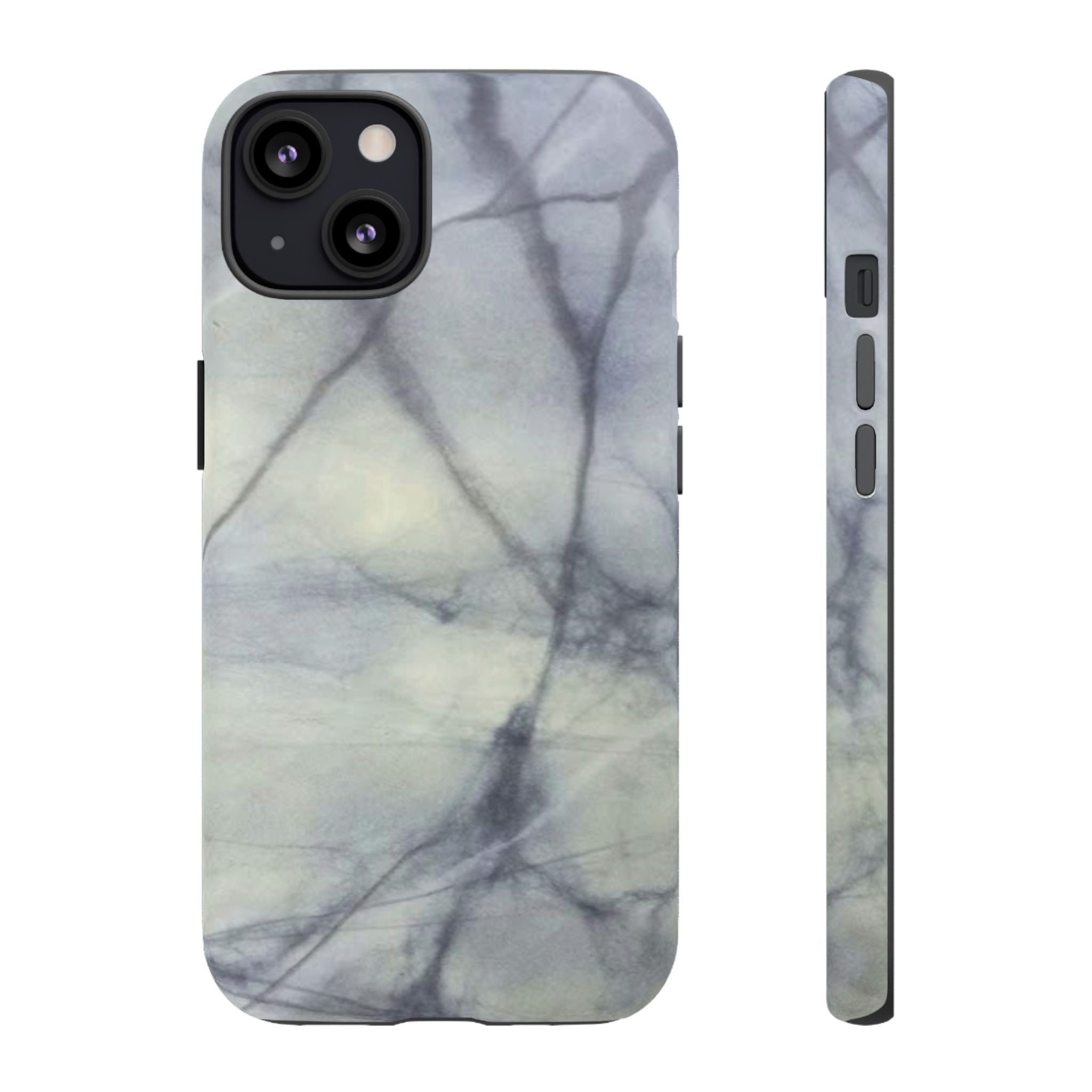 Phone case in impressive grey marble design with shock absorbing dual layer shell and UV resistance in 3D wrap