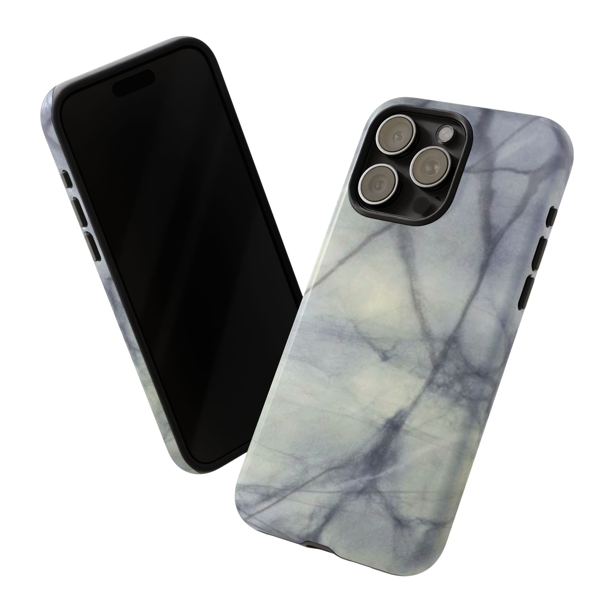 Phone case in impressive grey marble design with shock absorbing dual layer shell and UV resistance in 3D wrap