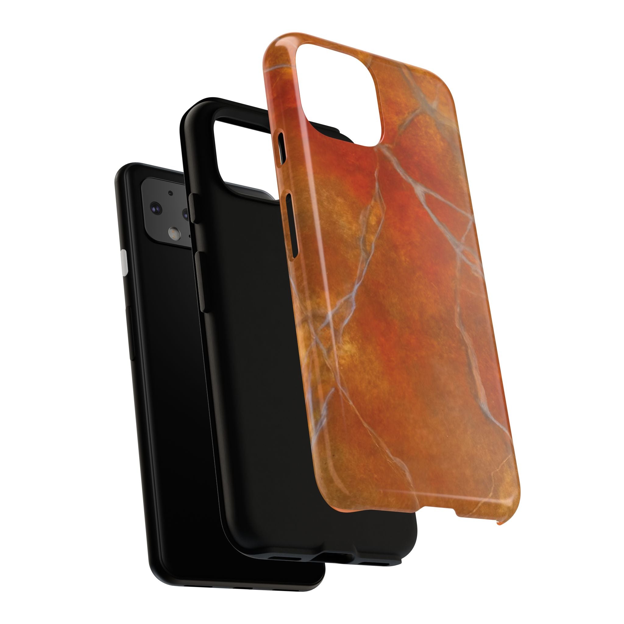 Phone case in sophisticated red orange marble design that is impact resistant tough in glossy or matte finish