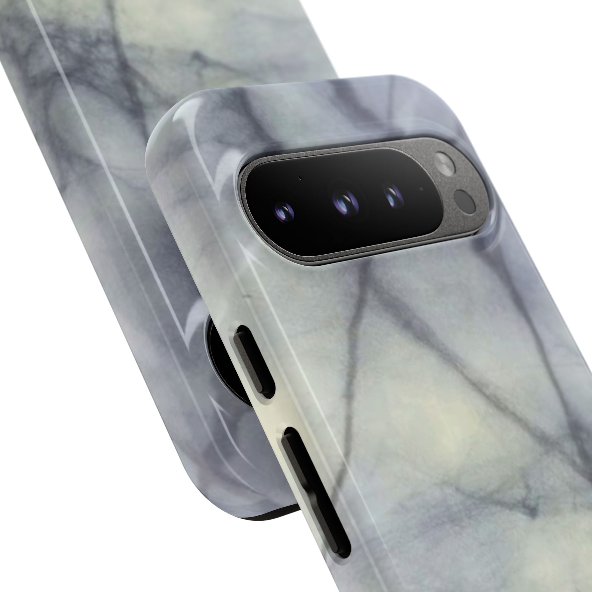 Phone case in impressive grey marble design with shock absorbing dual layer shell and UV resistance in 3D wrap