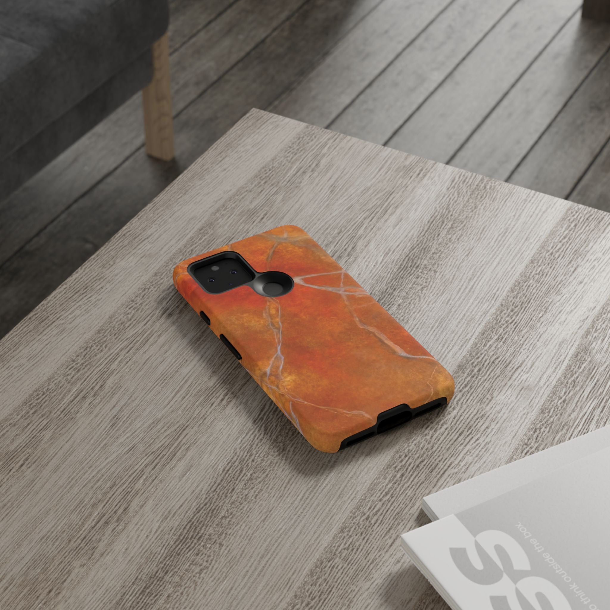 Phone case in sophisticated red orange marble design that is impact resistant tough in glossy or matte finish