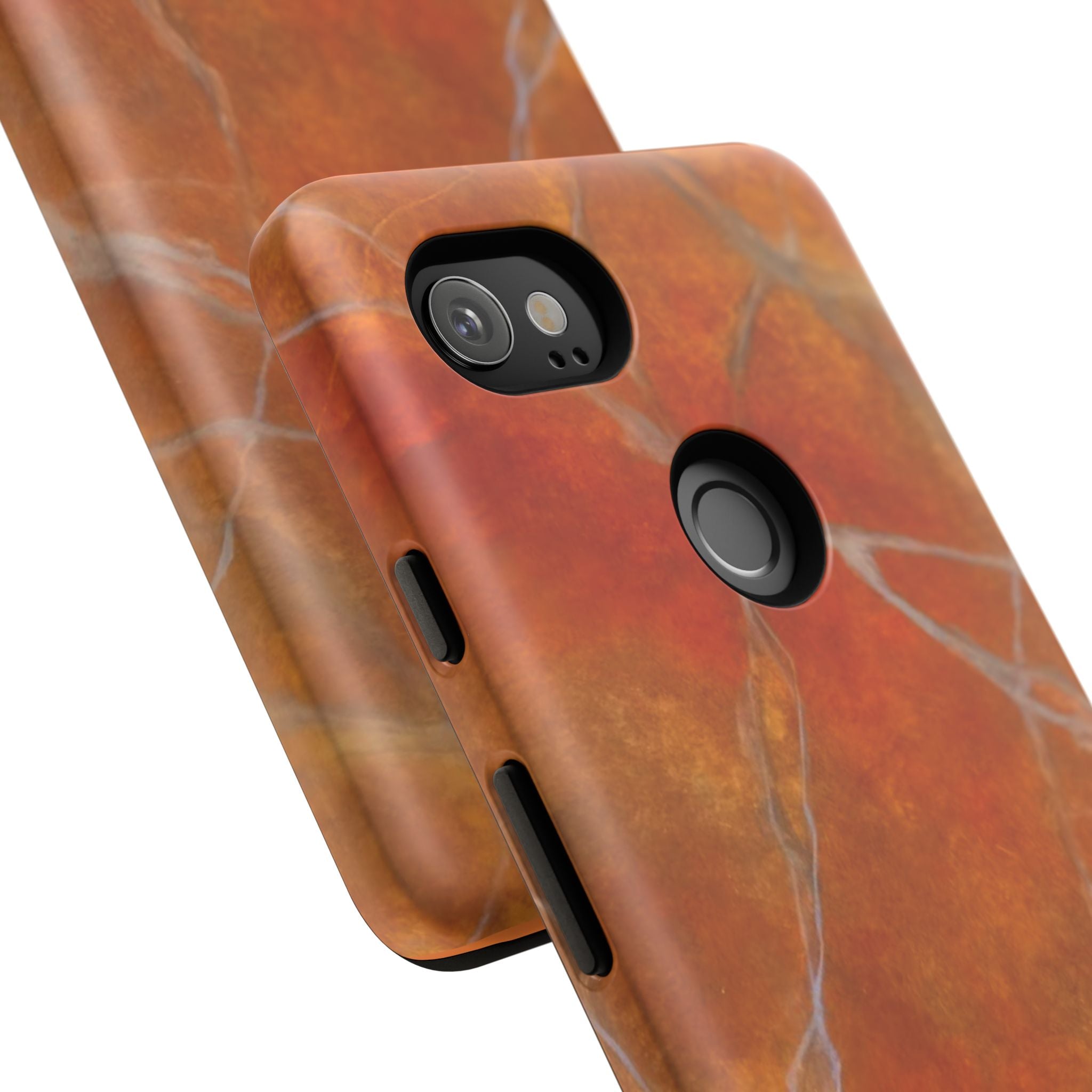Phone case in sophisticated red orange marble design that is impact resistant tough in glossy or matte finish