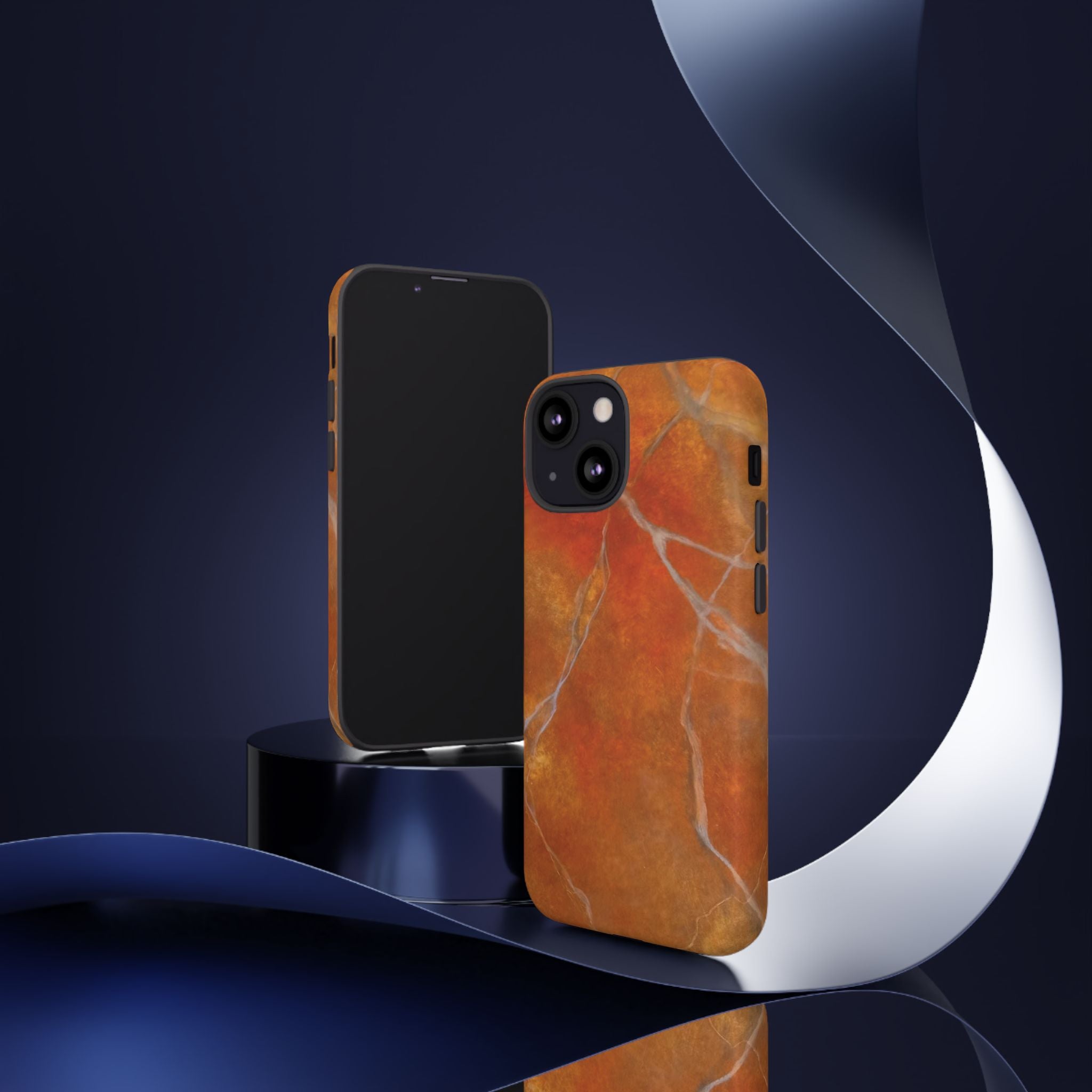 Phone case in sophisticated red orange marble design that is impact resistant tough in glossy or matte finish
