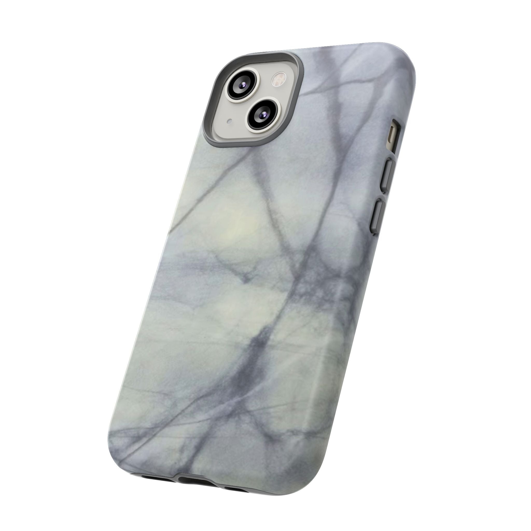 Phone case in impressive grey marble design with shock absorbing dual layer shell and UV resistance in 3D wrap