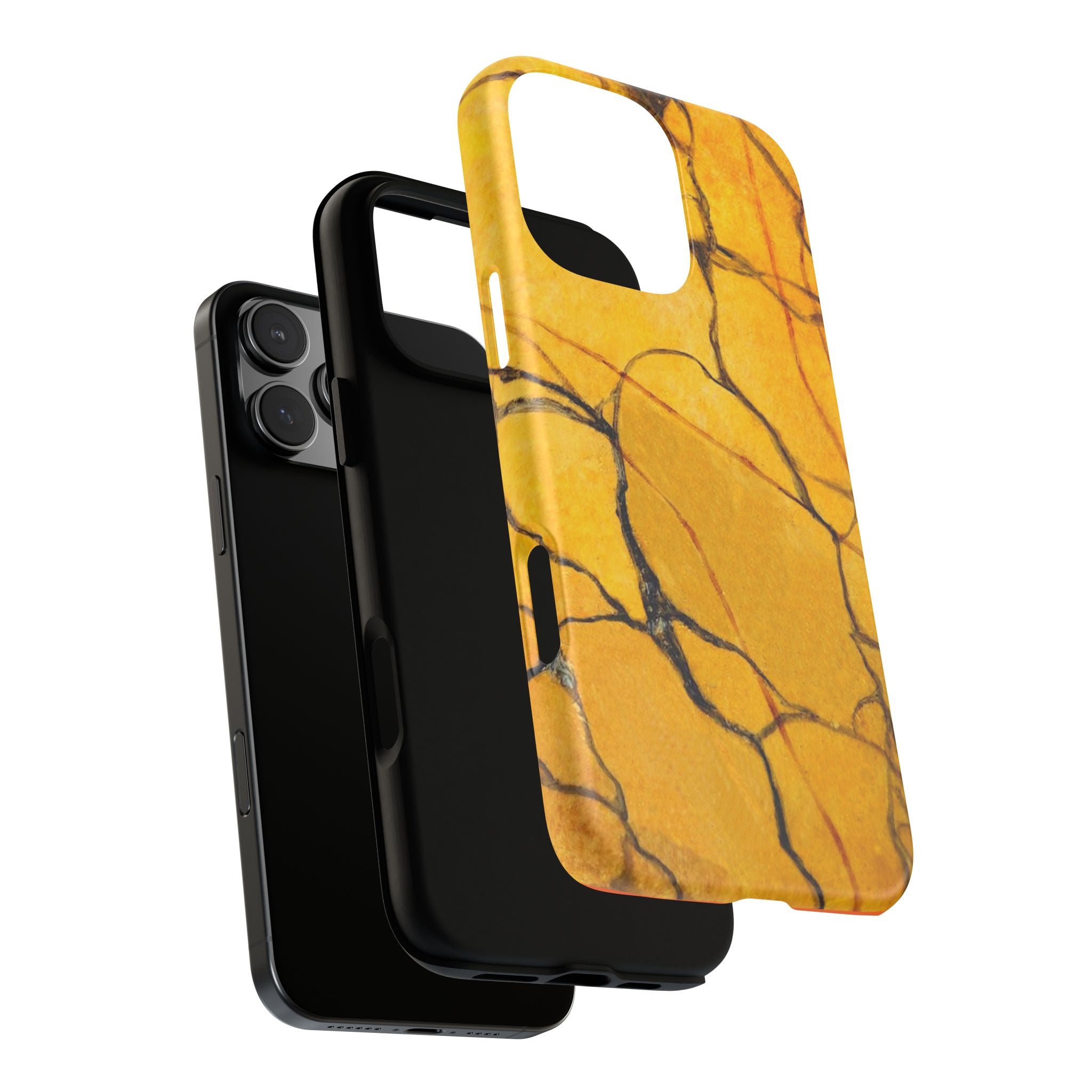phone case in eye catching gold marble design in glossy or matte finish with silicone lining and hard shell for impact and UV resistance