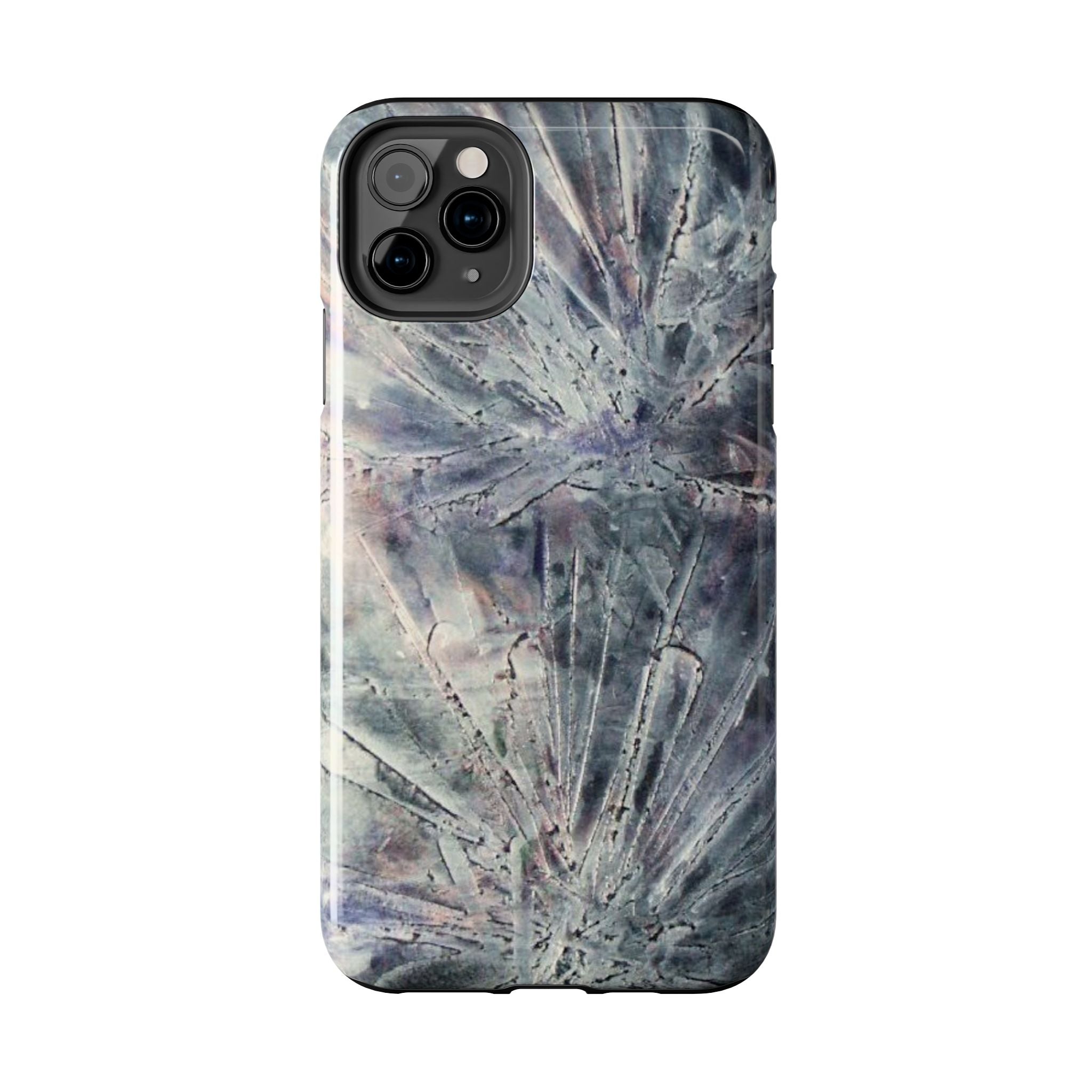 Phone case in abstract bursts of silver crystal design with rubber lining for strong impact and UV protection
