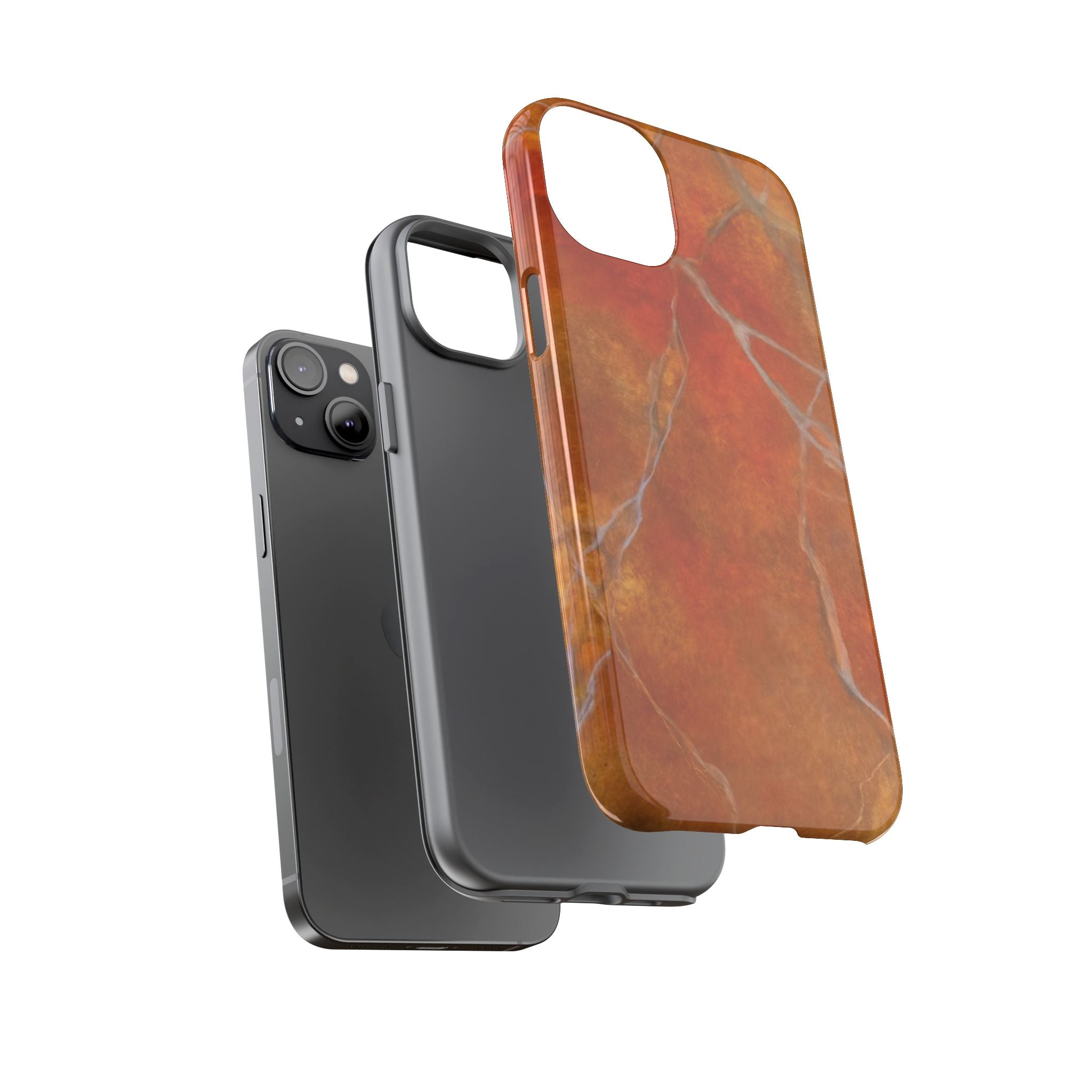 Phone case in sophisticated red orange marble design that is impact resistant tough in glossy or matte finish