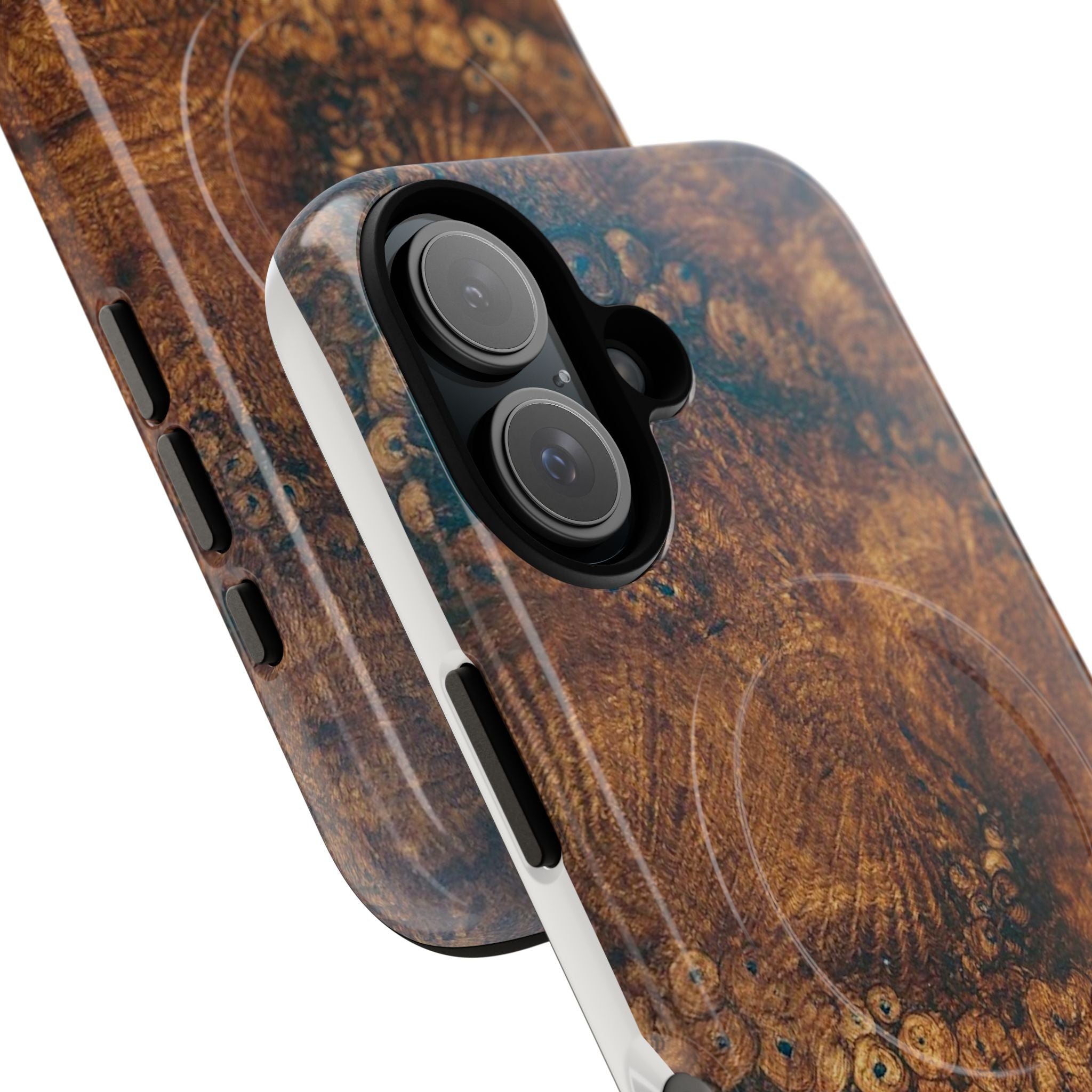 Magnetic iphone case with a natural Burl Wood Design compatible with MagSafe accessories in tough Dual Layer Shell