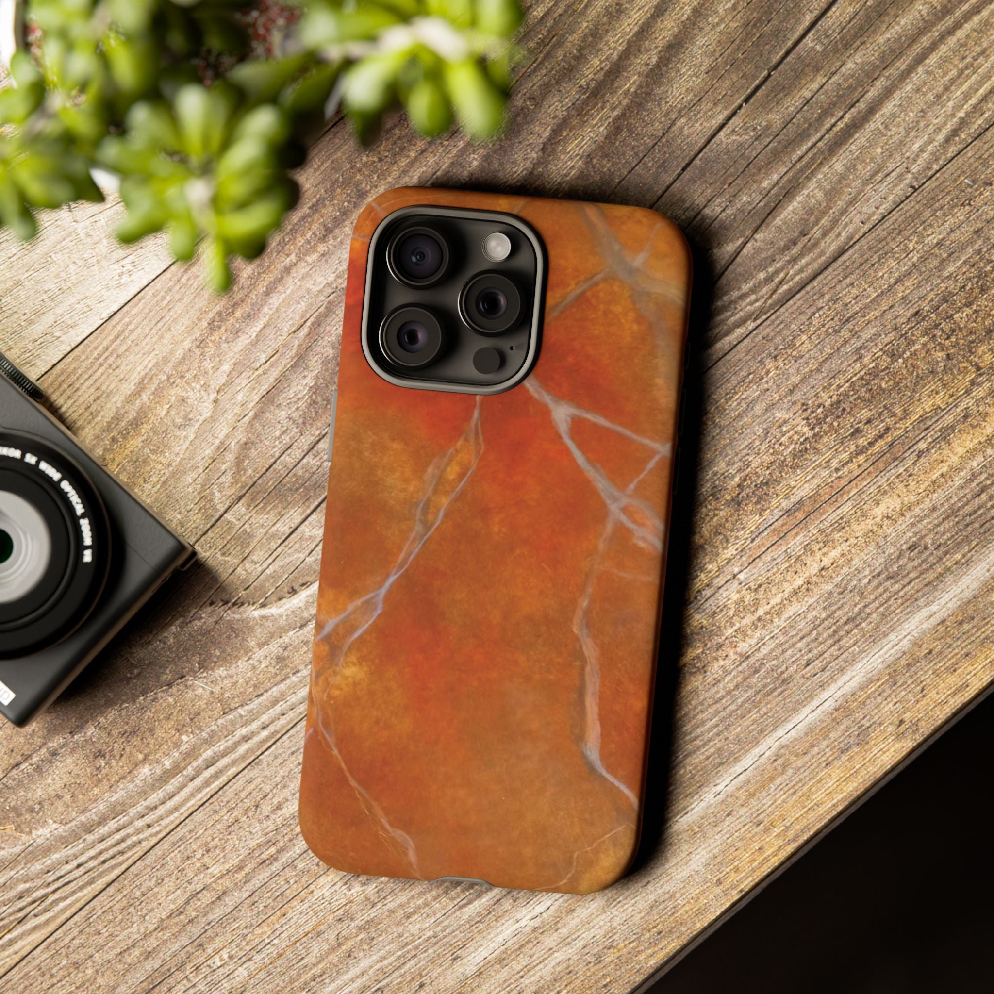 Phone case in sophisticated red orange marble design that is impact resistant tough in glossy or matte finish