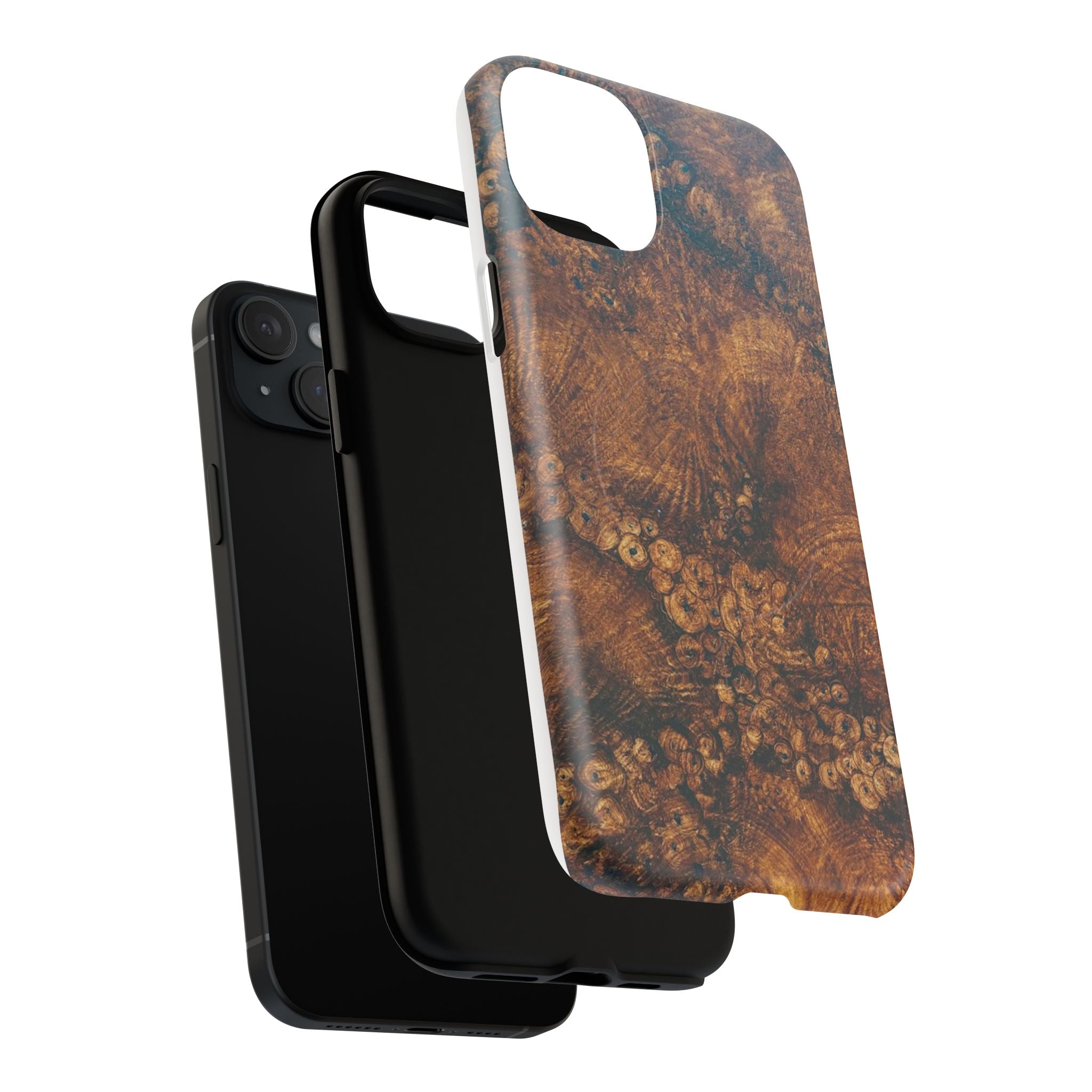 Magnetic iphone case with a natural Burl Wood Design compatible with MagSafe accessories in tough Dual Layer Shell