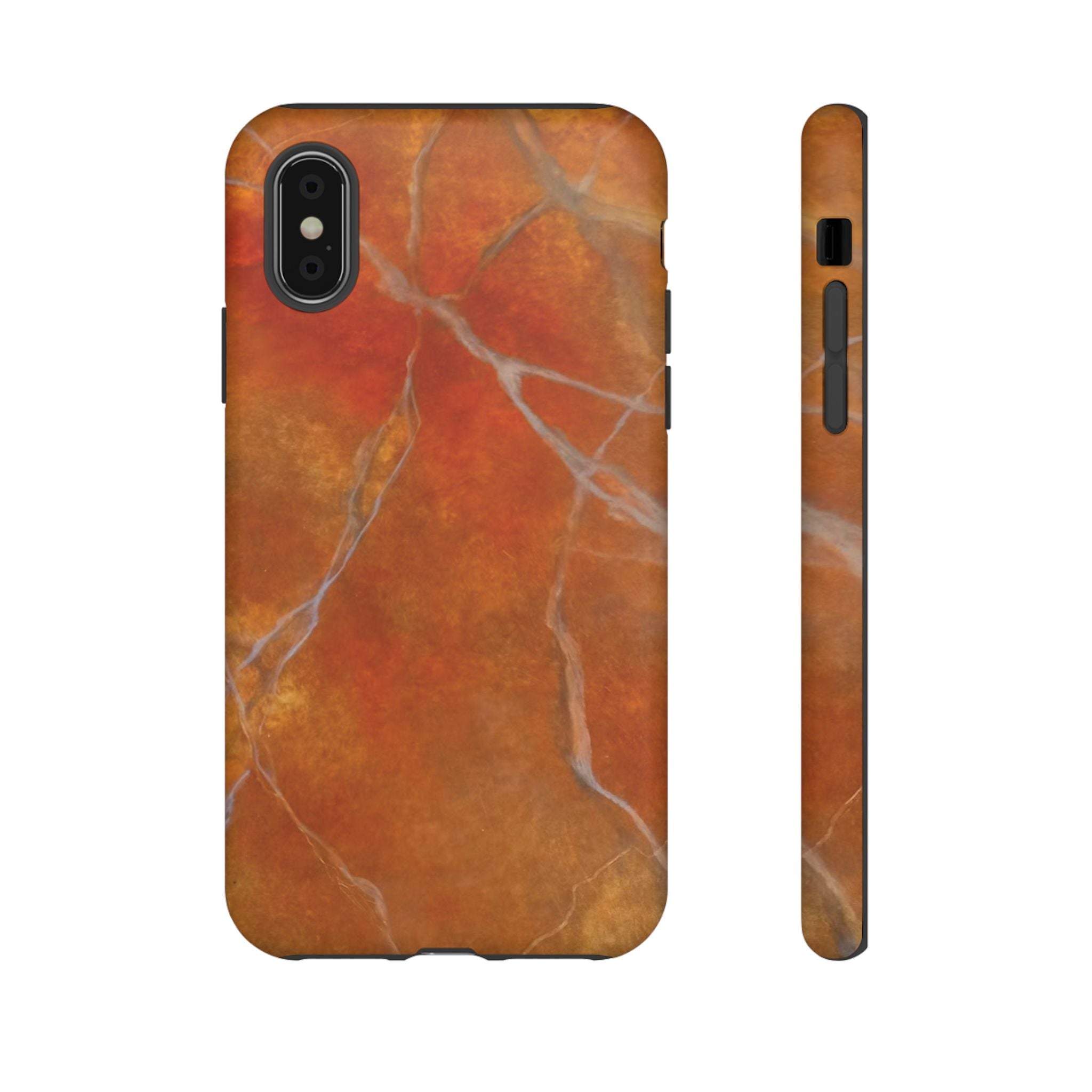 Phone case in sophisticated red orange marble design that is impact resistant tough in glossy or matte finish