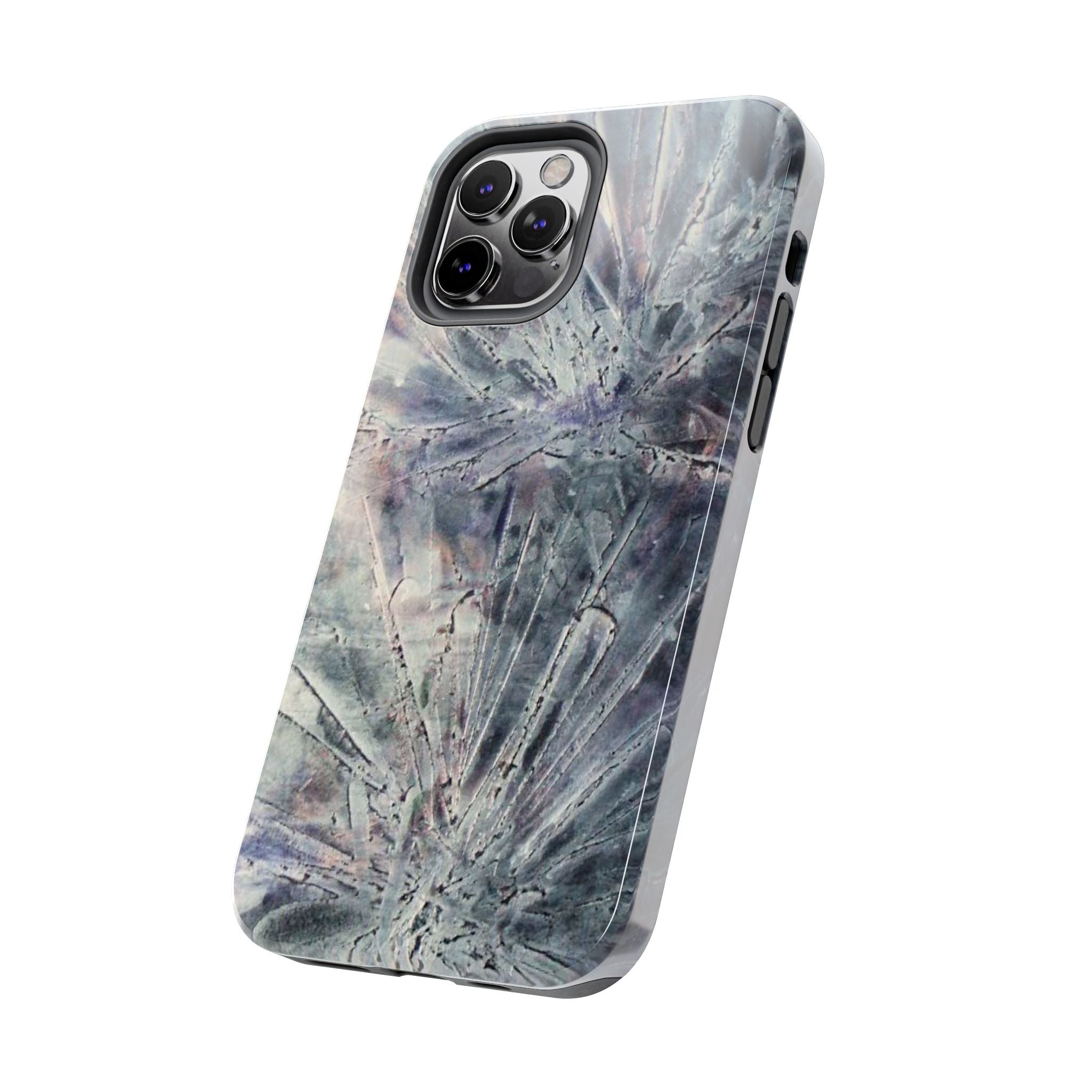 Phone case in abstract bursts of silver crystal design with rubber lining for strong impact and UV protection