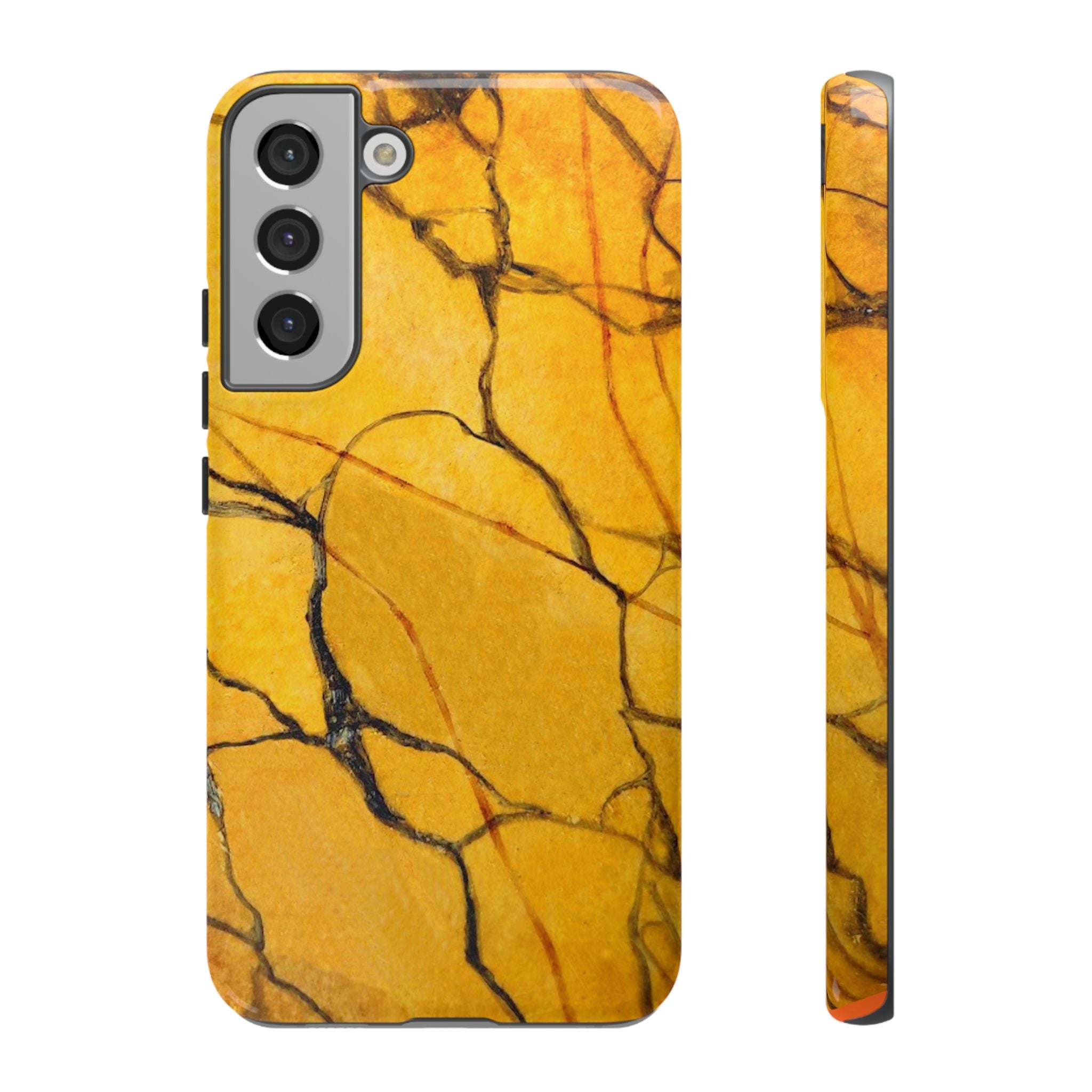 phone case in eye catching gold marble design in glossy or matte finish with silicone lining and hard shell for impact and UV resistance