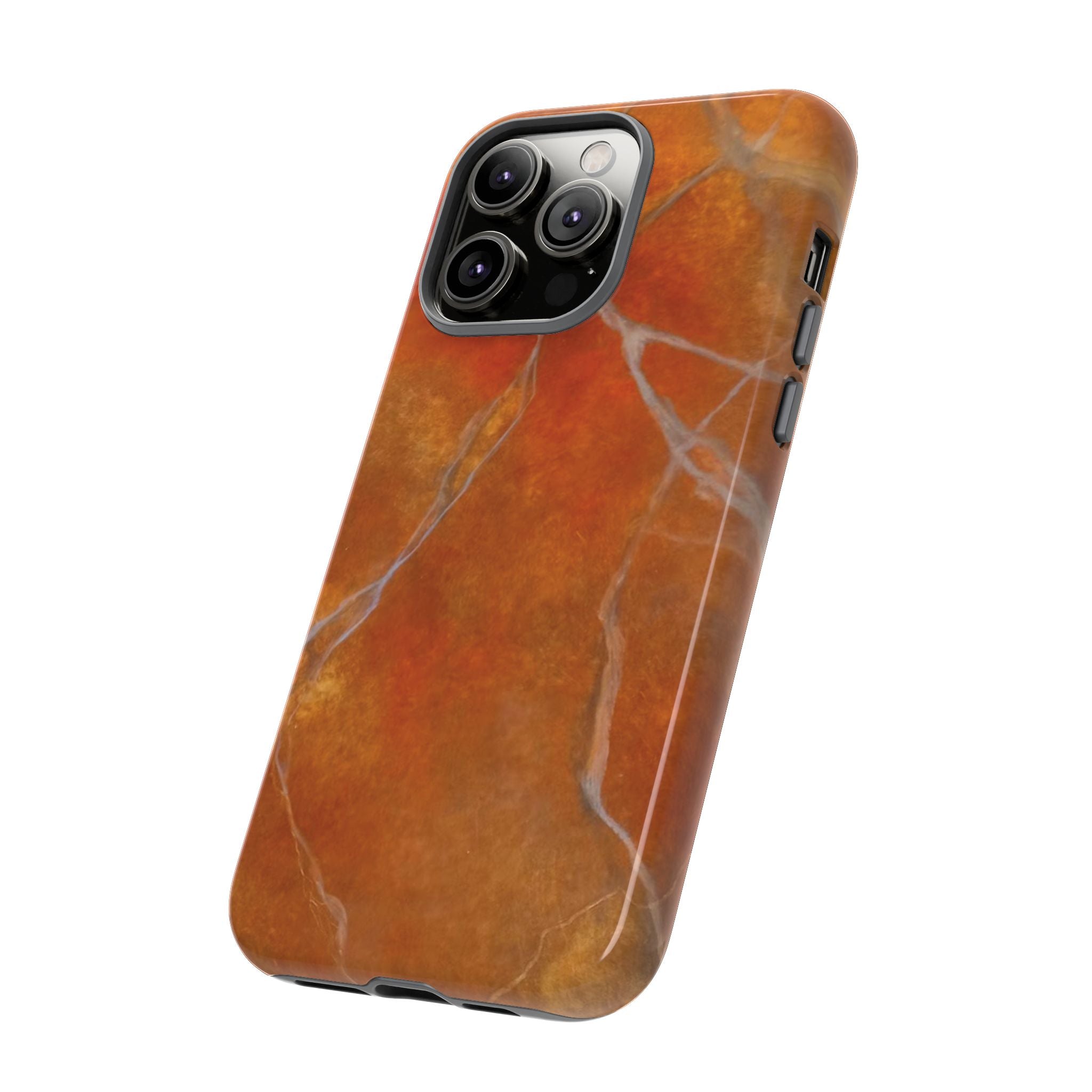 Phone case in sophisticated red orange marble design that is impact resistant tough in glossy or matte finish