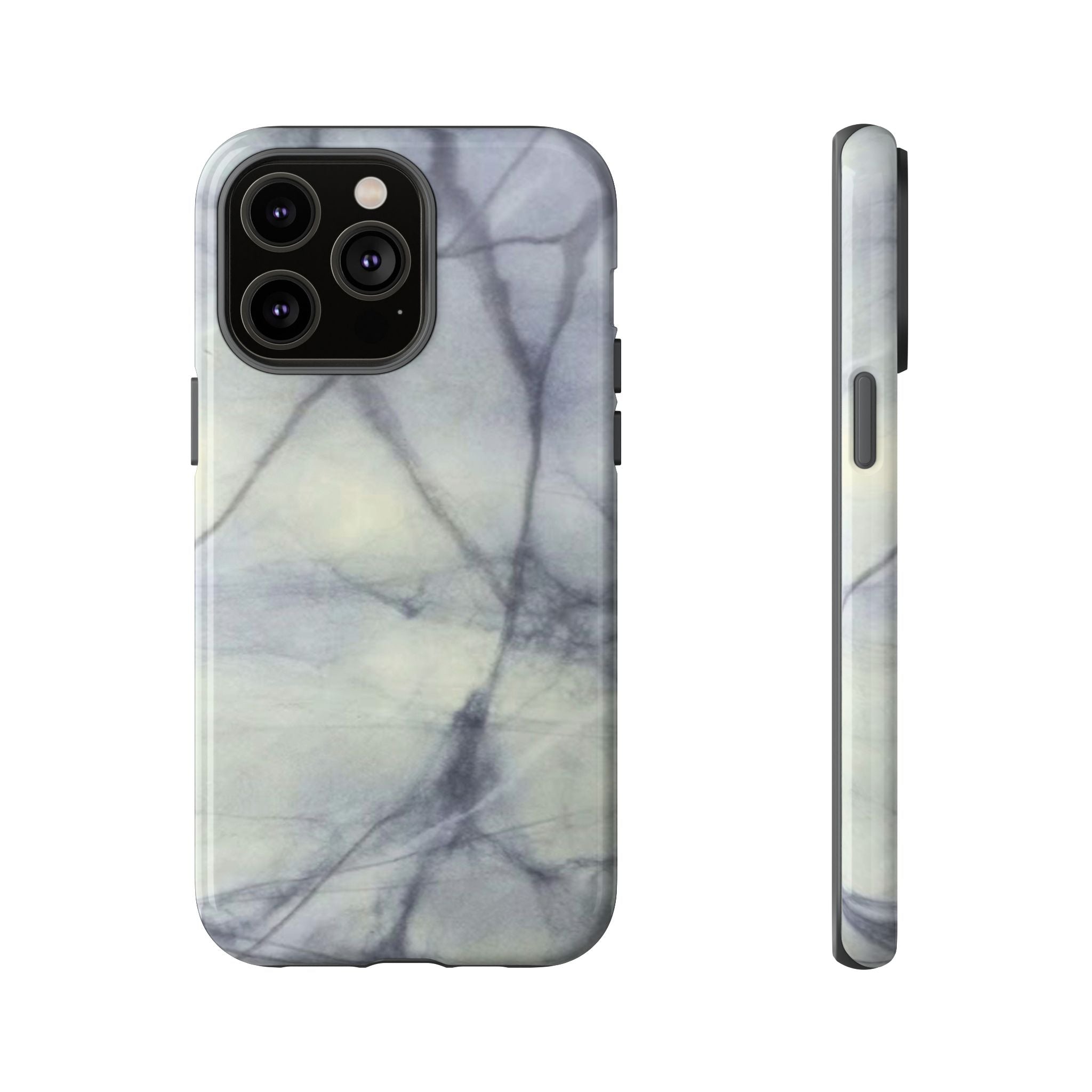 Phone case in impressive grey marble design with shock absorbing dual layer shell and UV resistance in 3D wrap