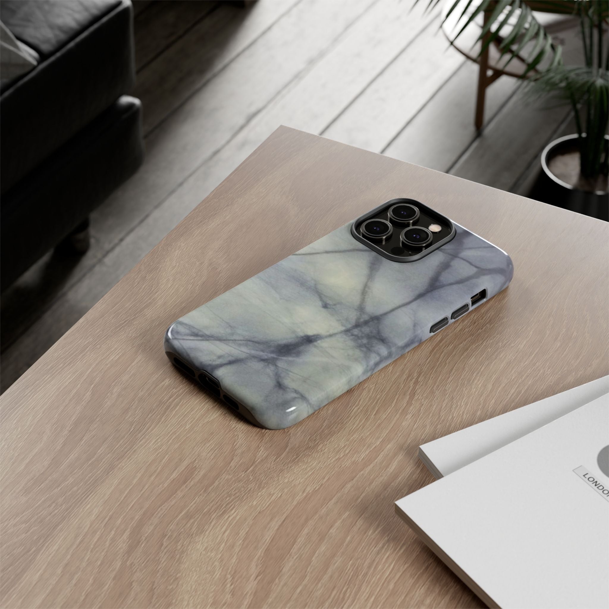 Phone case in impressive grey marble design with shock absorbing dual layer shell and UV resistance in 3D wrap