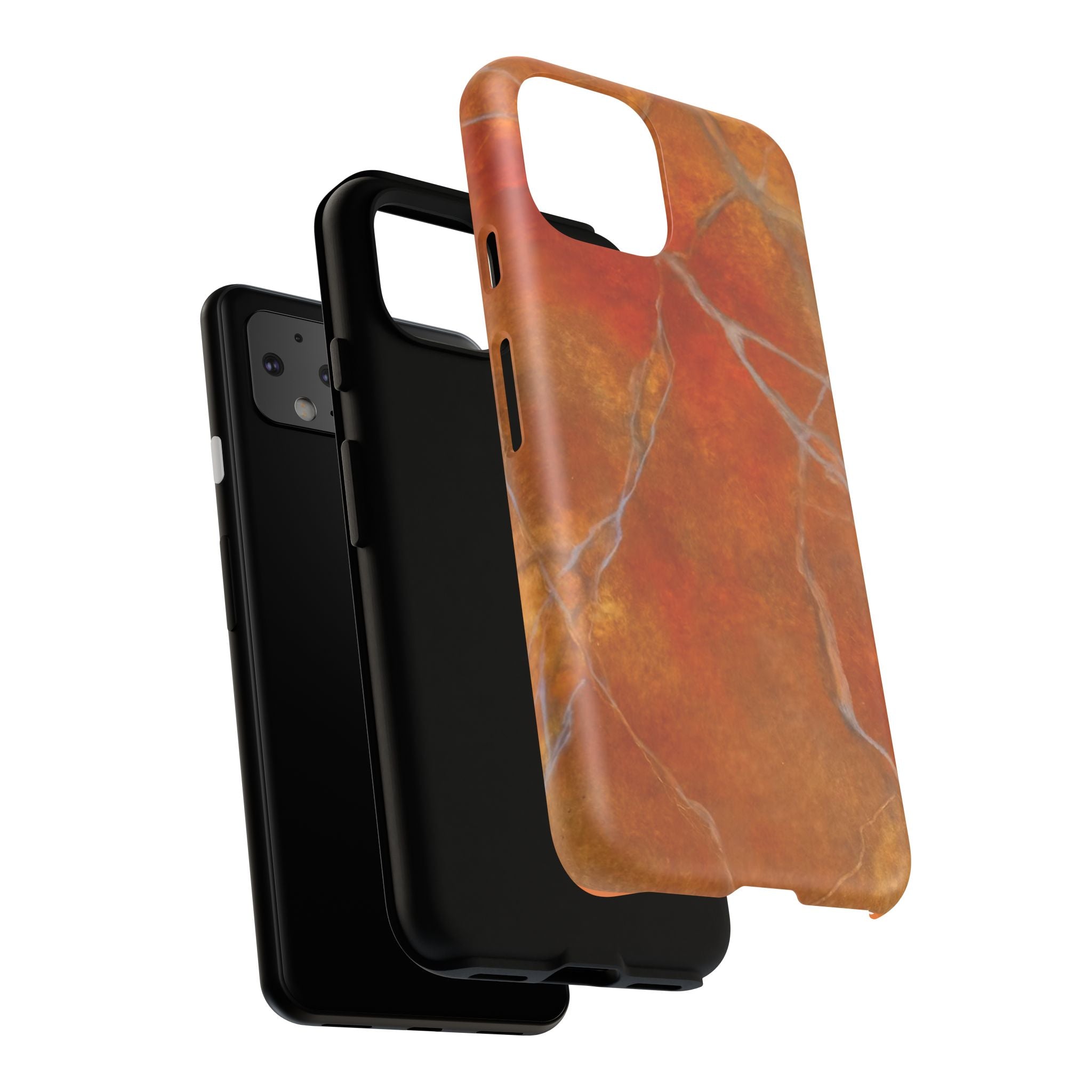 Phone case in sophisticated red orange marble design that is impact resistant tough in glossy or matte finish