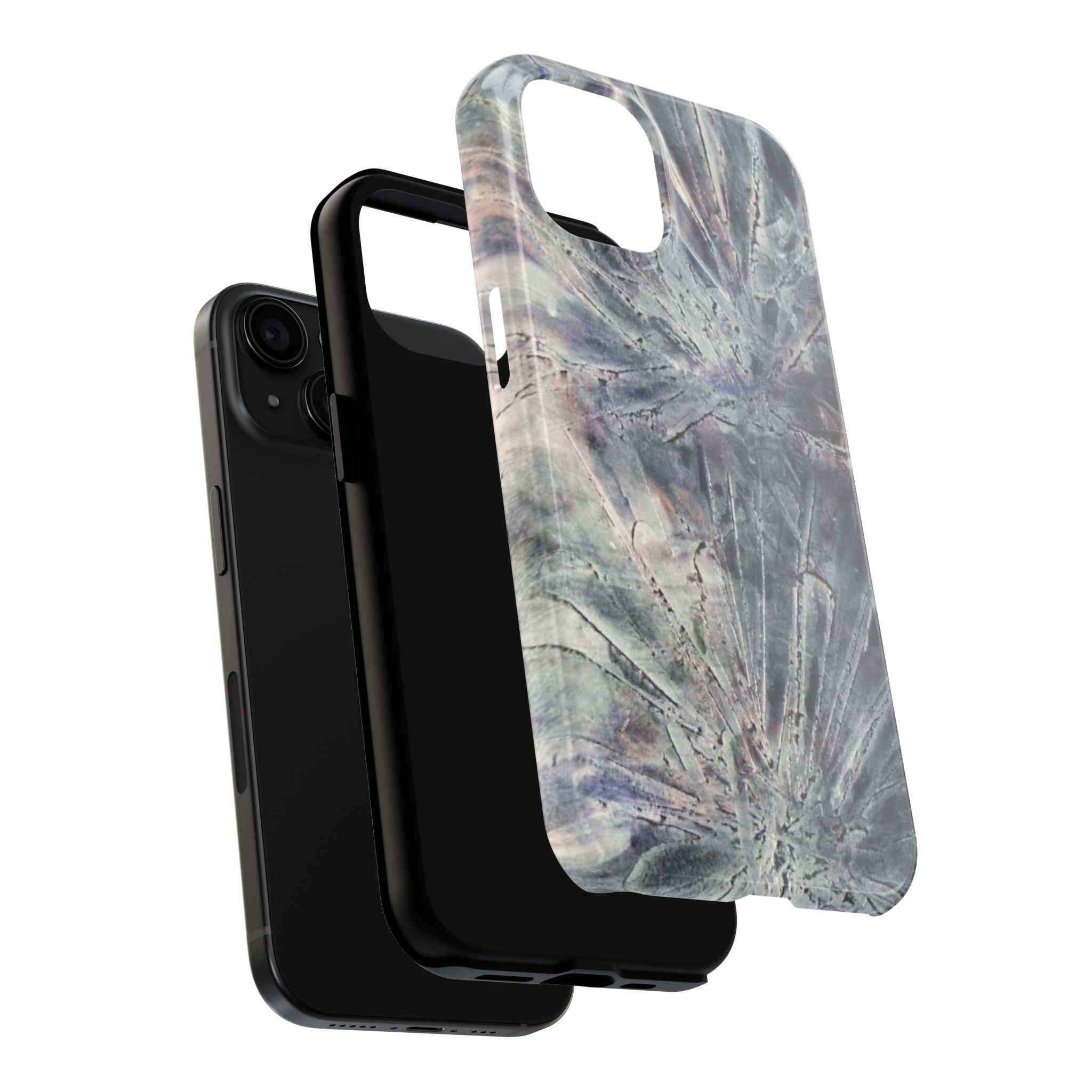 Phone case in abstract bursts of silver crystal design with rubber lining for strong impact and UV protection