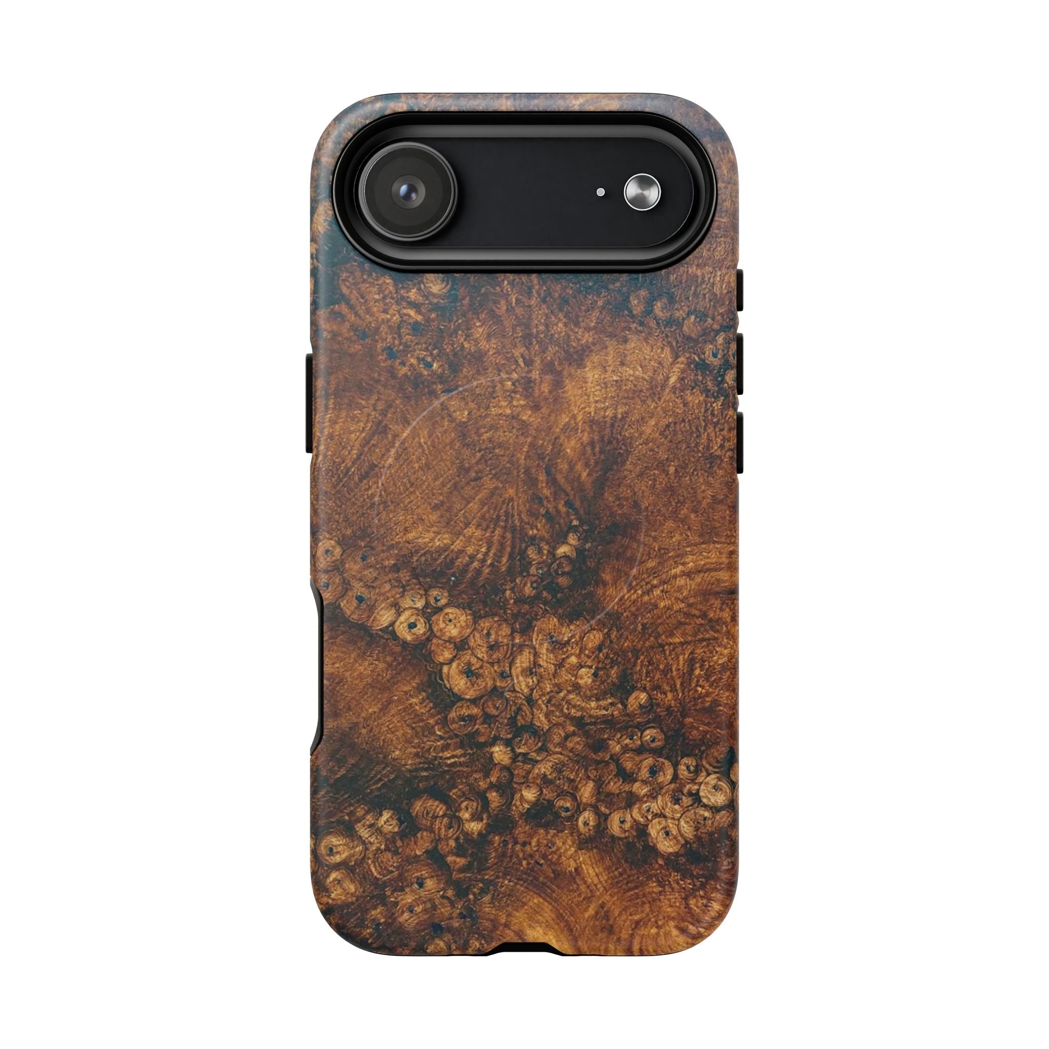 Magnetic iphone case with a natural Burl Wood Design compatible with MagSafe accessories in tough Dual Layer Shell