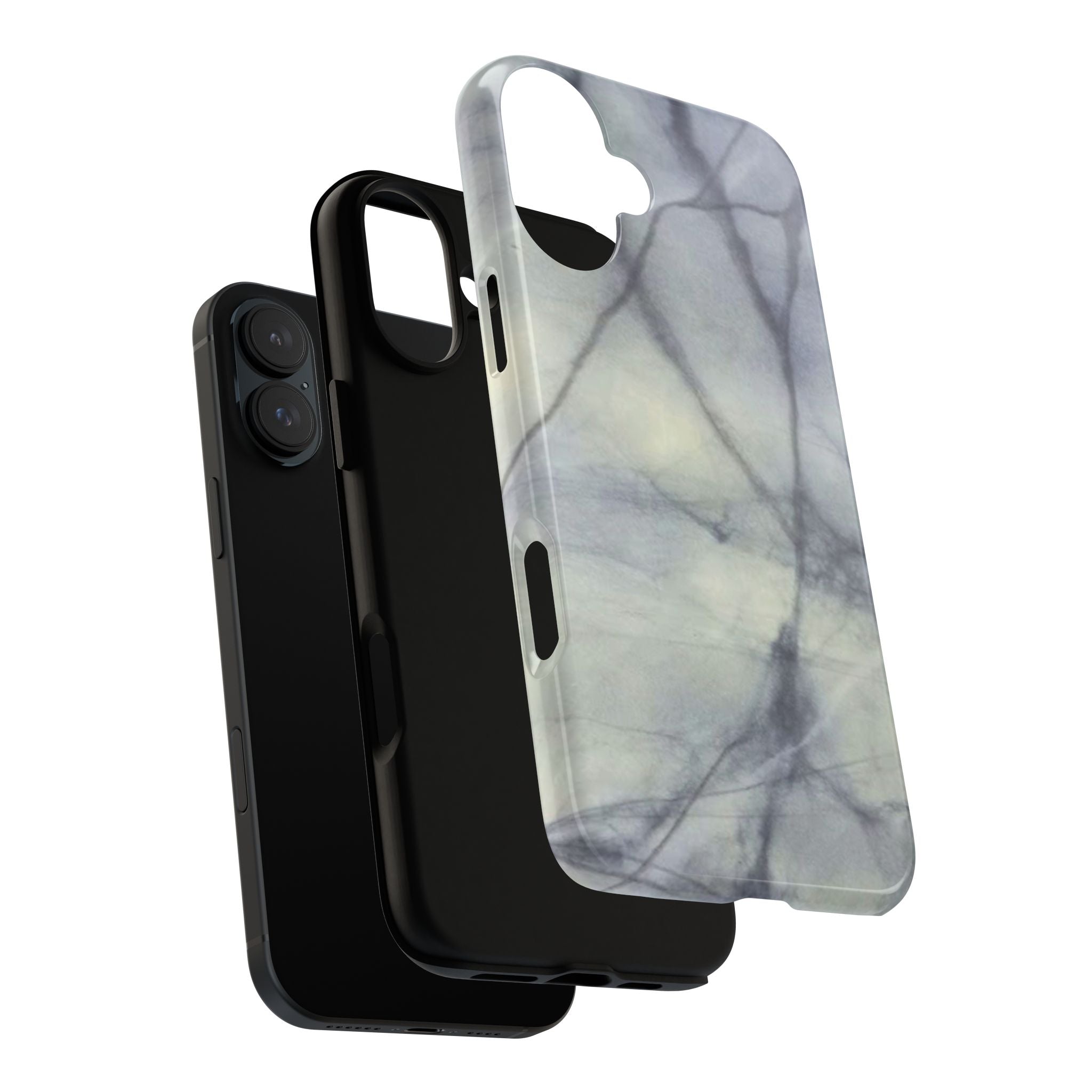 Phone case in impressive grey marble design with shock absorbing dual layer shell and UV resistance in 3D wrap