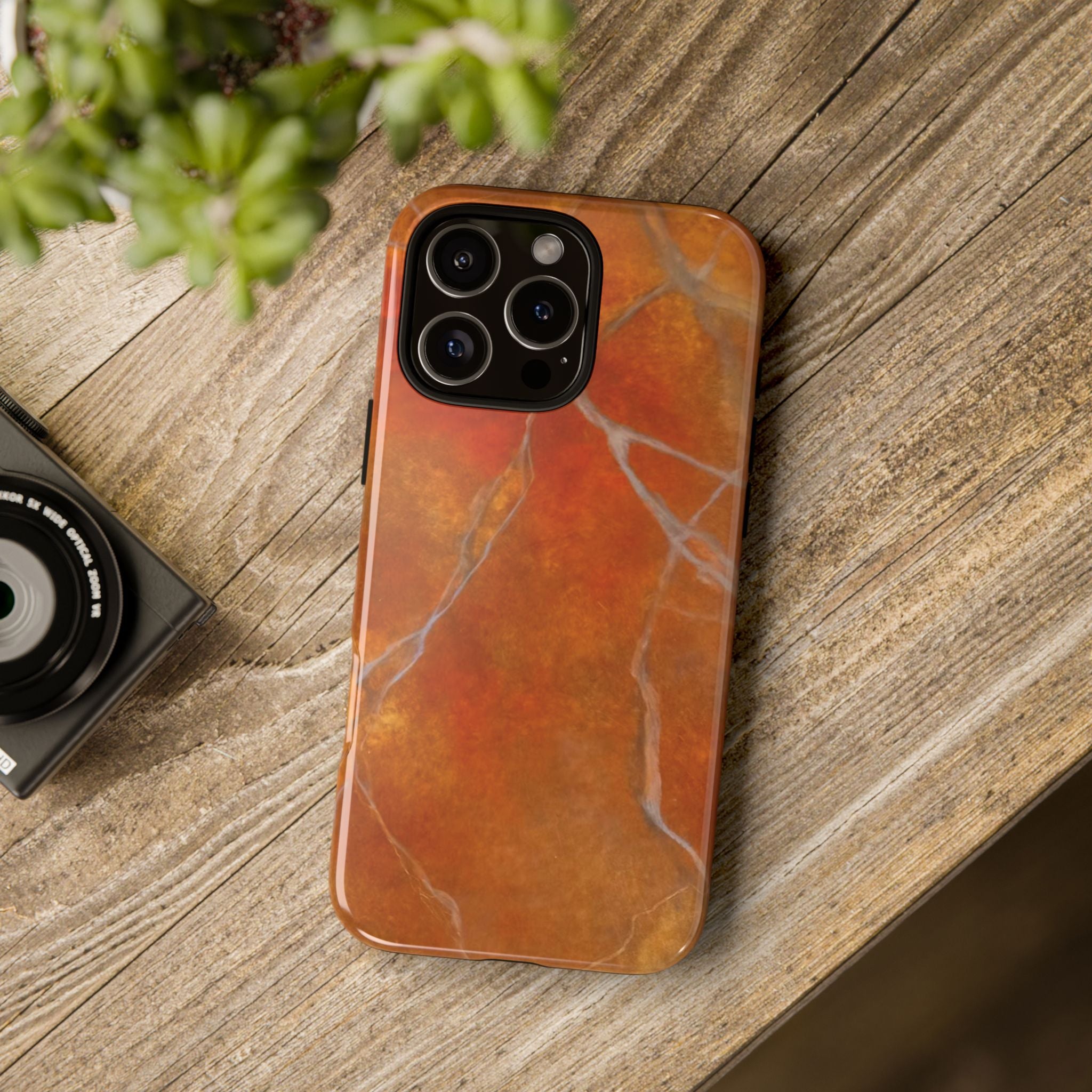Phone case in sophisticated red orange marble design that is impact resistant tough in glossy or matte finish