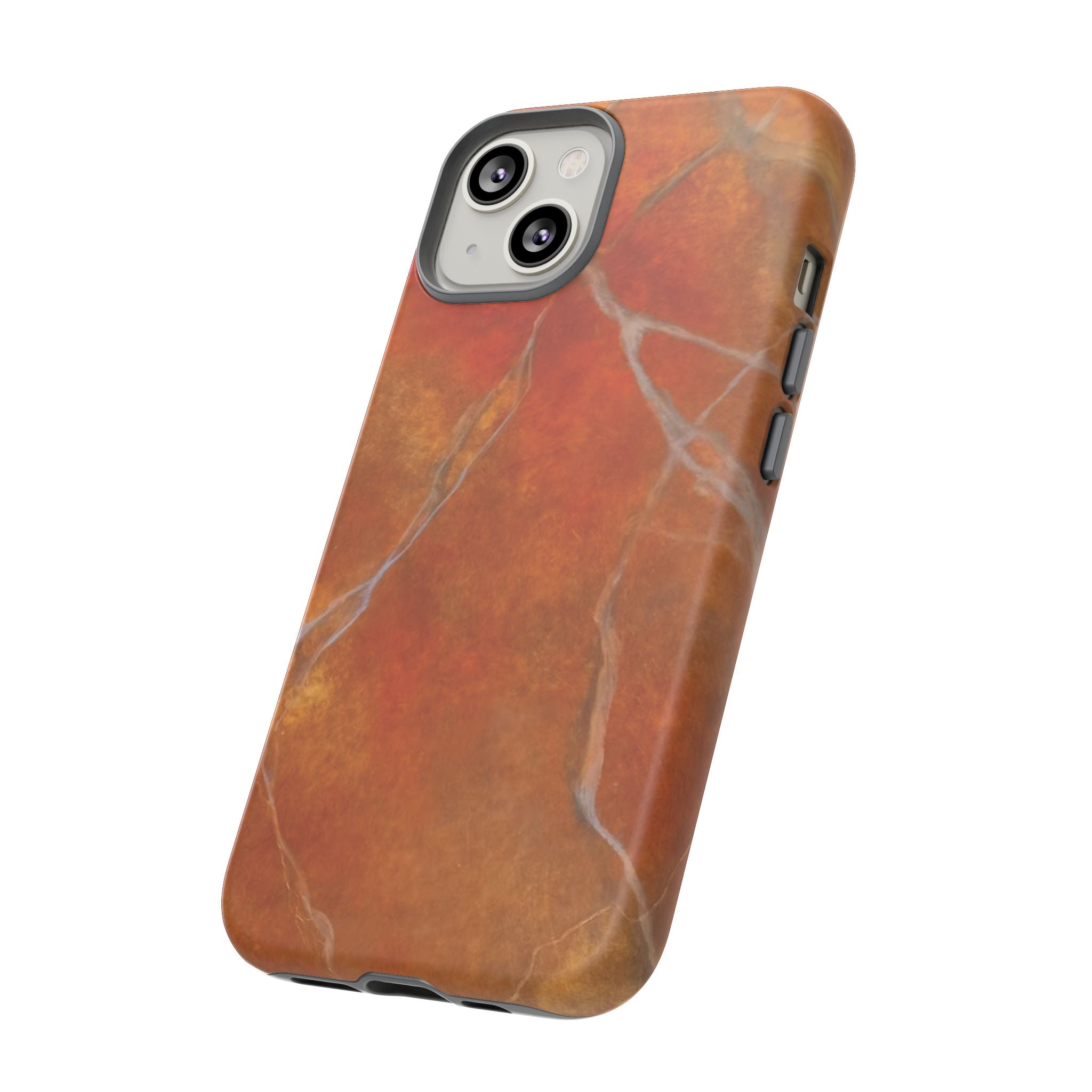 Phone case in sophisticated red orange marble design that is impact resistant tough in glossy or matte finish