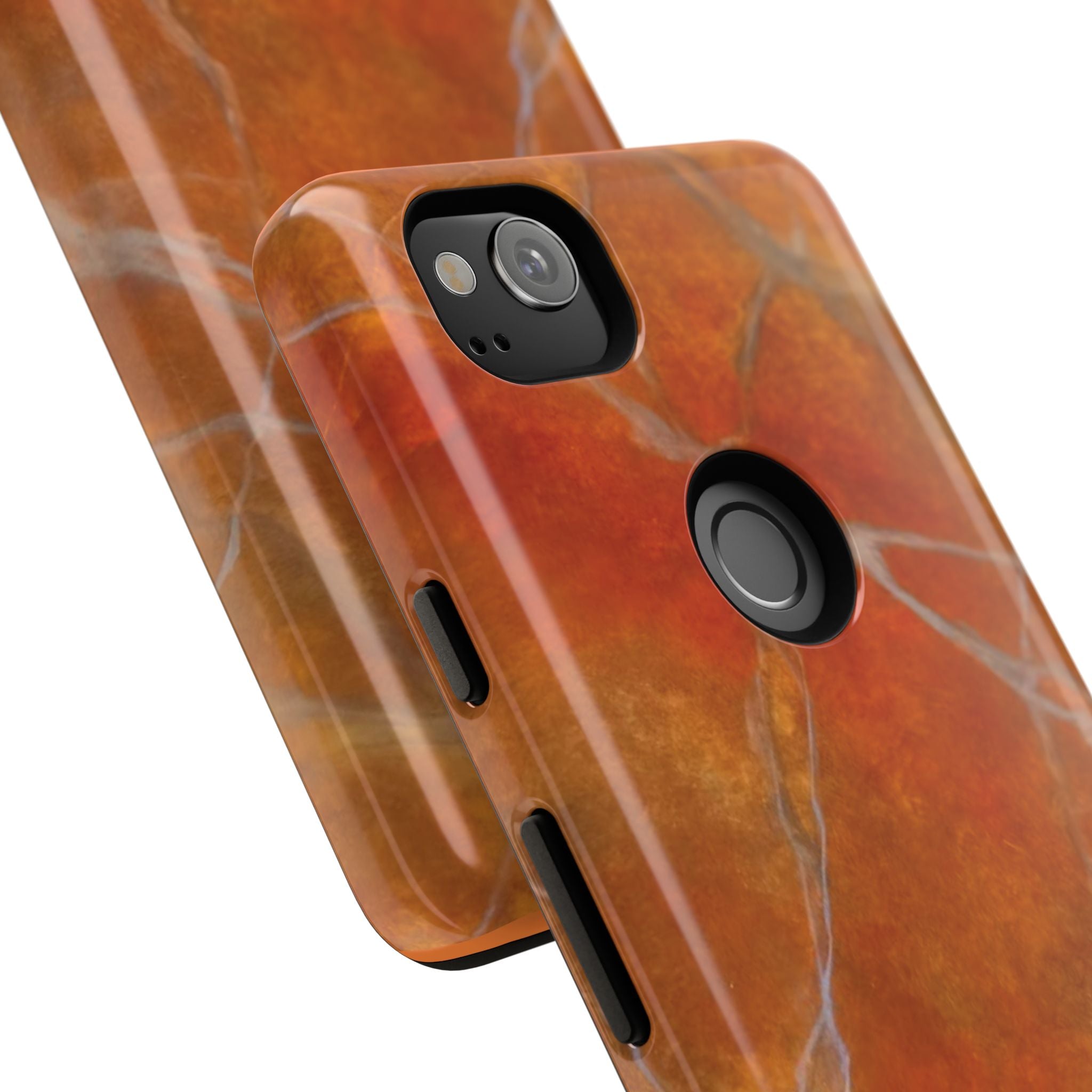 Phone case in sophisticated red orange marble design that is impact resistant tough in glossy or matte finish