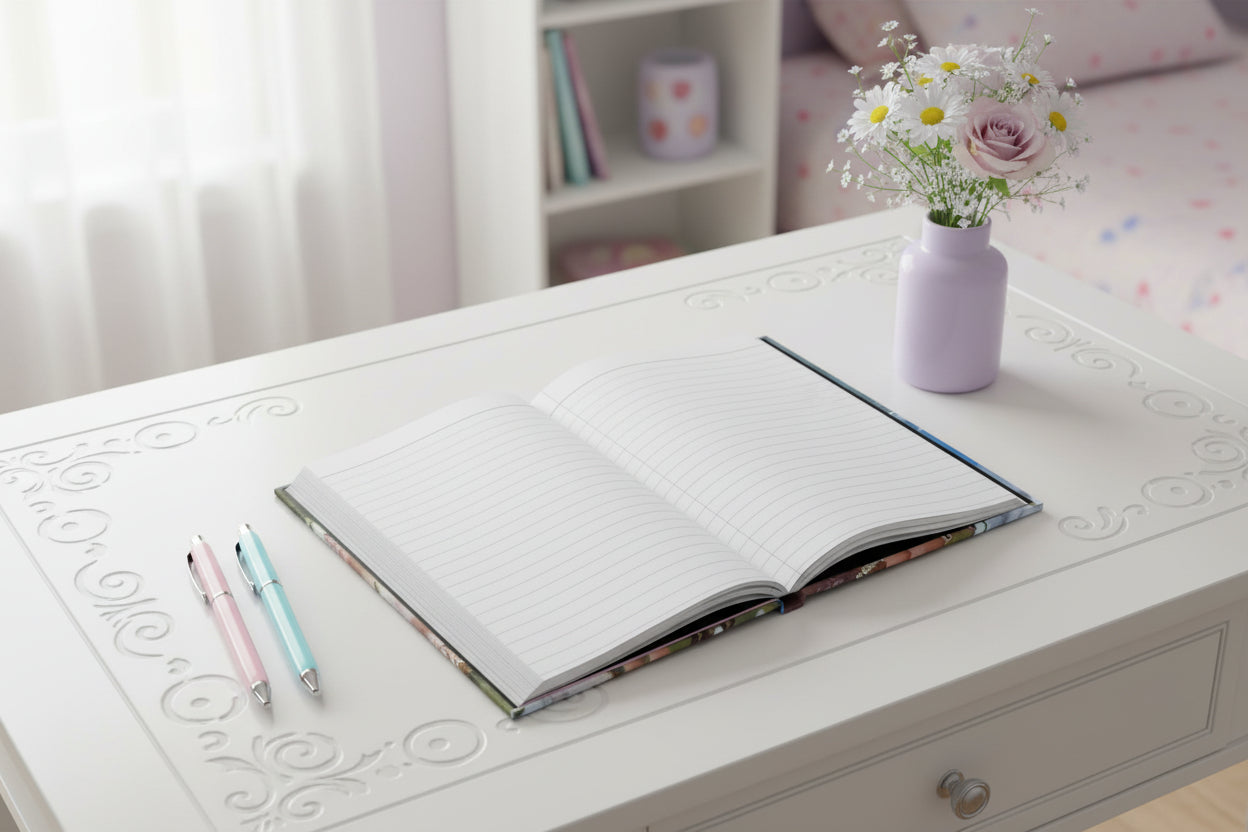 Open notebook with lined pages waiting for the day's notes to be penned