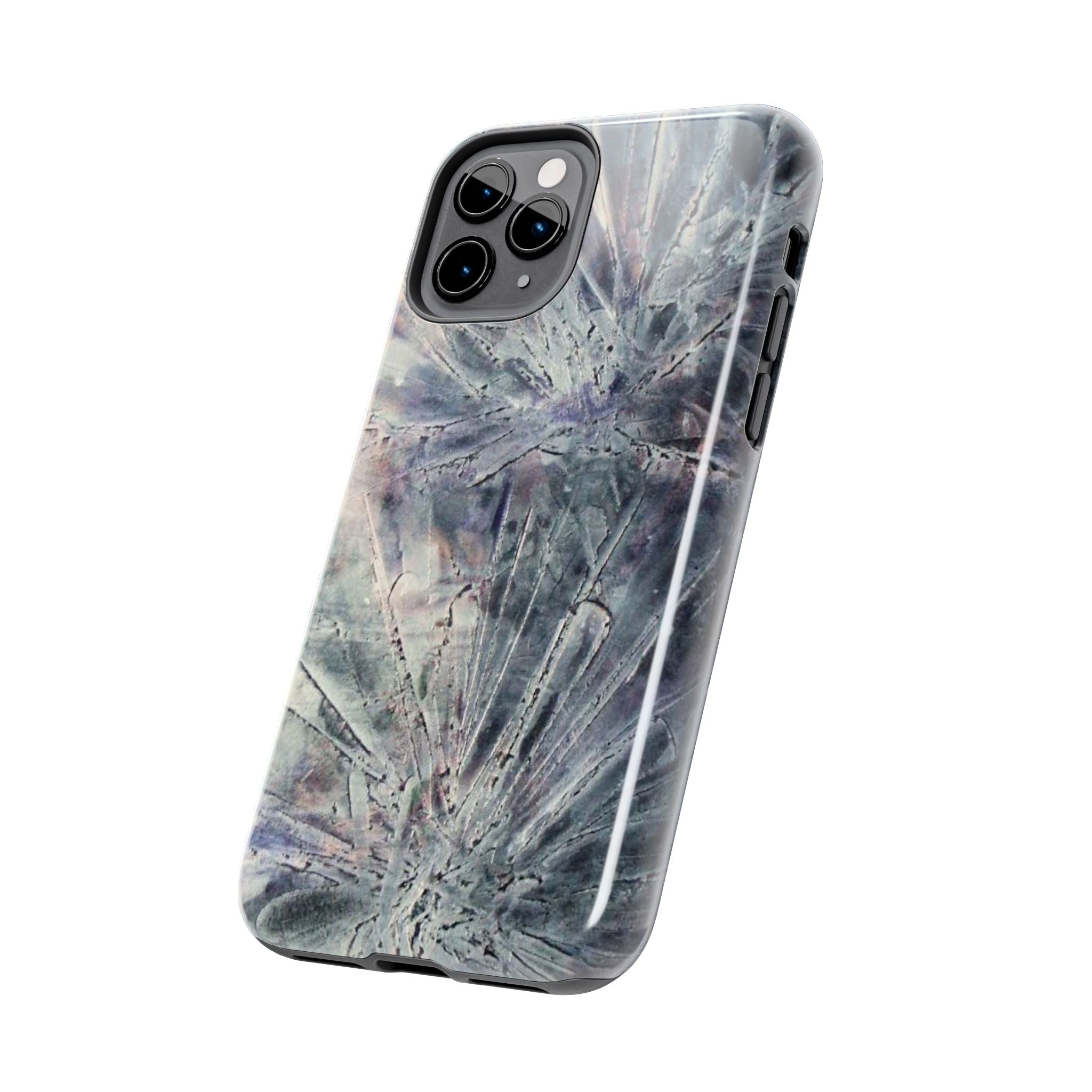 Phone case in abstract bursts of silver crystal design with rubber lining for strong impact and UV protection
