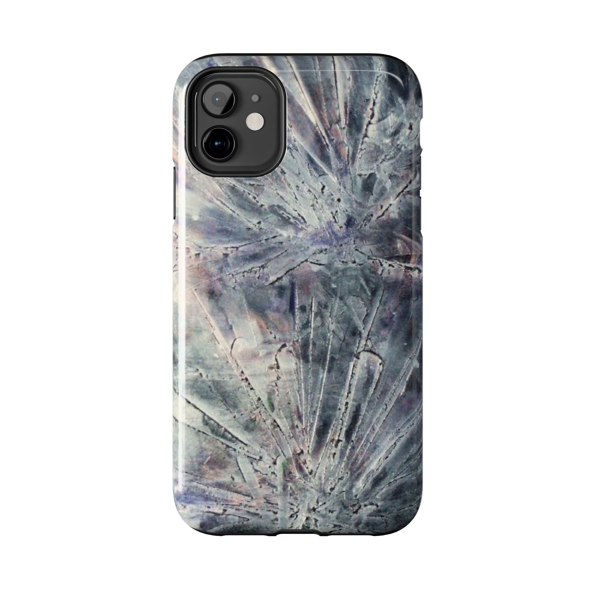 Phone case in abstract bursts of silver crystal design with rubber lining for strong impact and UV protection