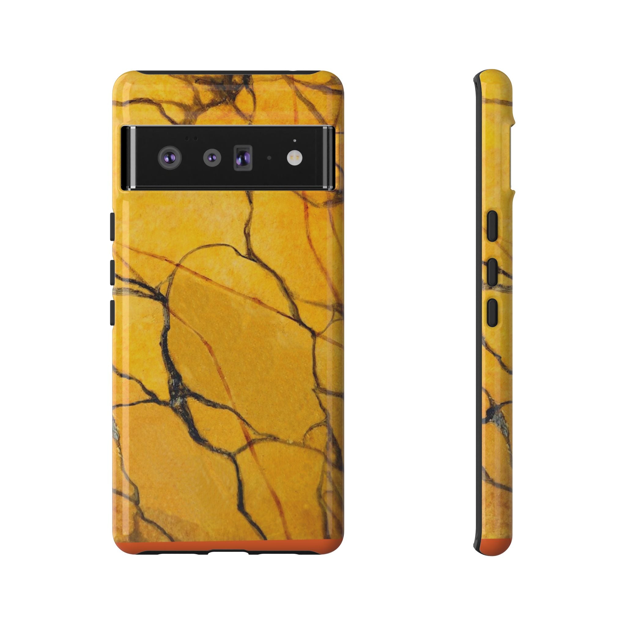 phone case in eye catching gold marble design in glossy or matte finish with silicone lining and hard shell for impact and UV resistance