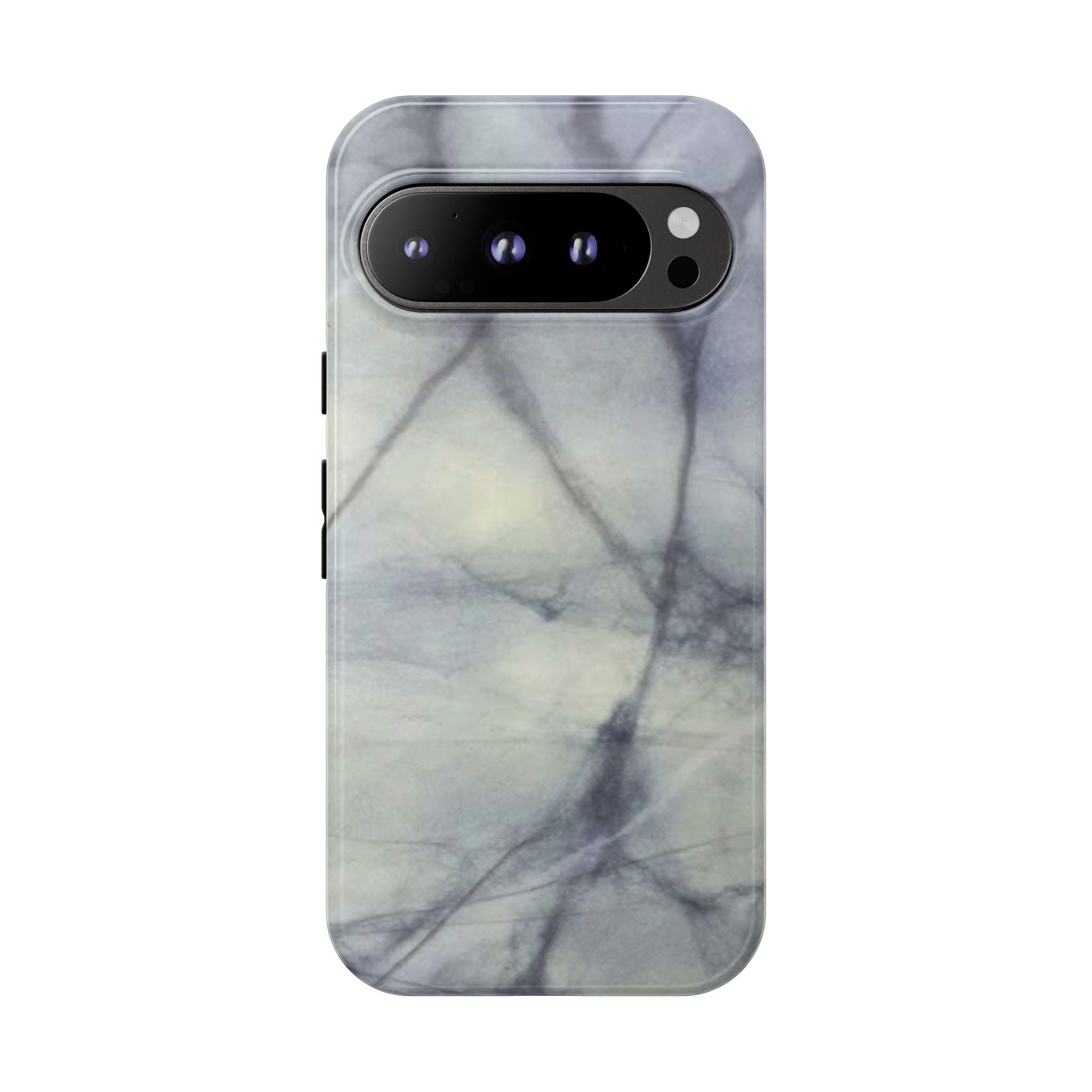 Phone case in impressive grey marble design with shock absorbing dual layer shell and UV resistance in 3D wrap