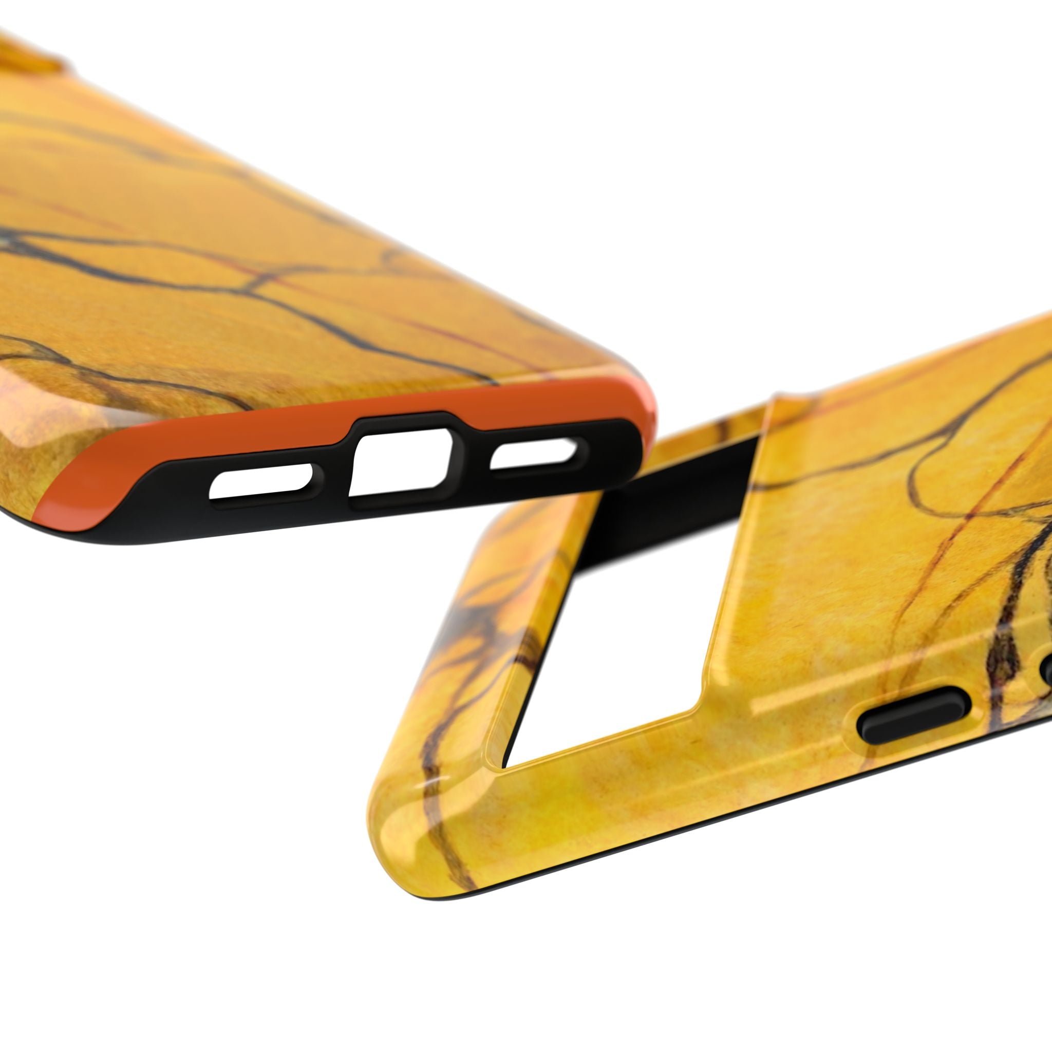 phone case in eye catching gold marble design in glossy or matte finish with silicone lining and hard shell for impact and UV resistance